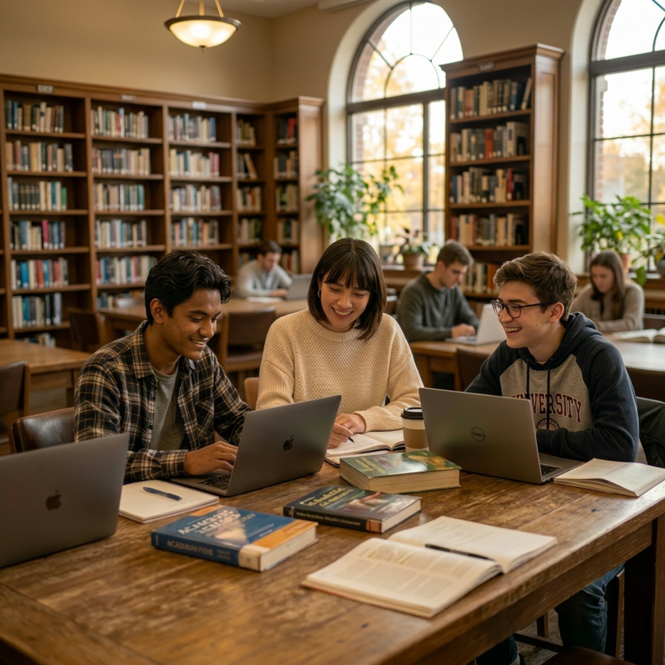 Students sitting at a large wooden table in a library, working on laptops and studying, with bookshelves filled with books and large arched windows in the background.