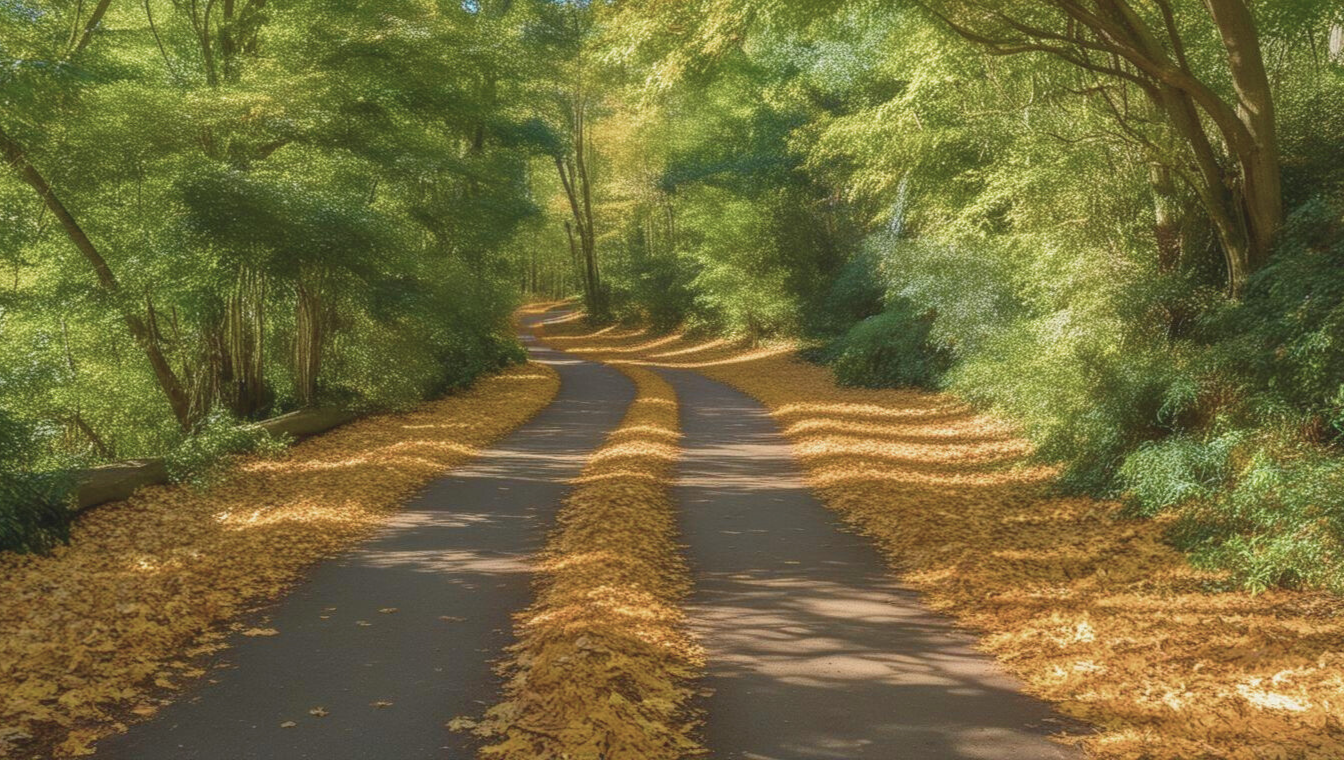 A winding road covered in fallen yellow leaves, surrounded by green trees with sunlight filtering through, representing the journey through learning.