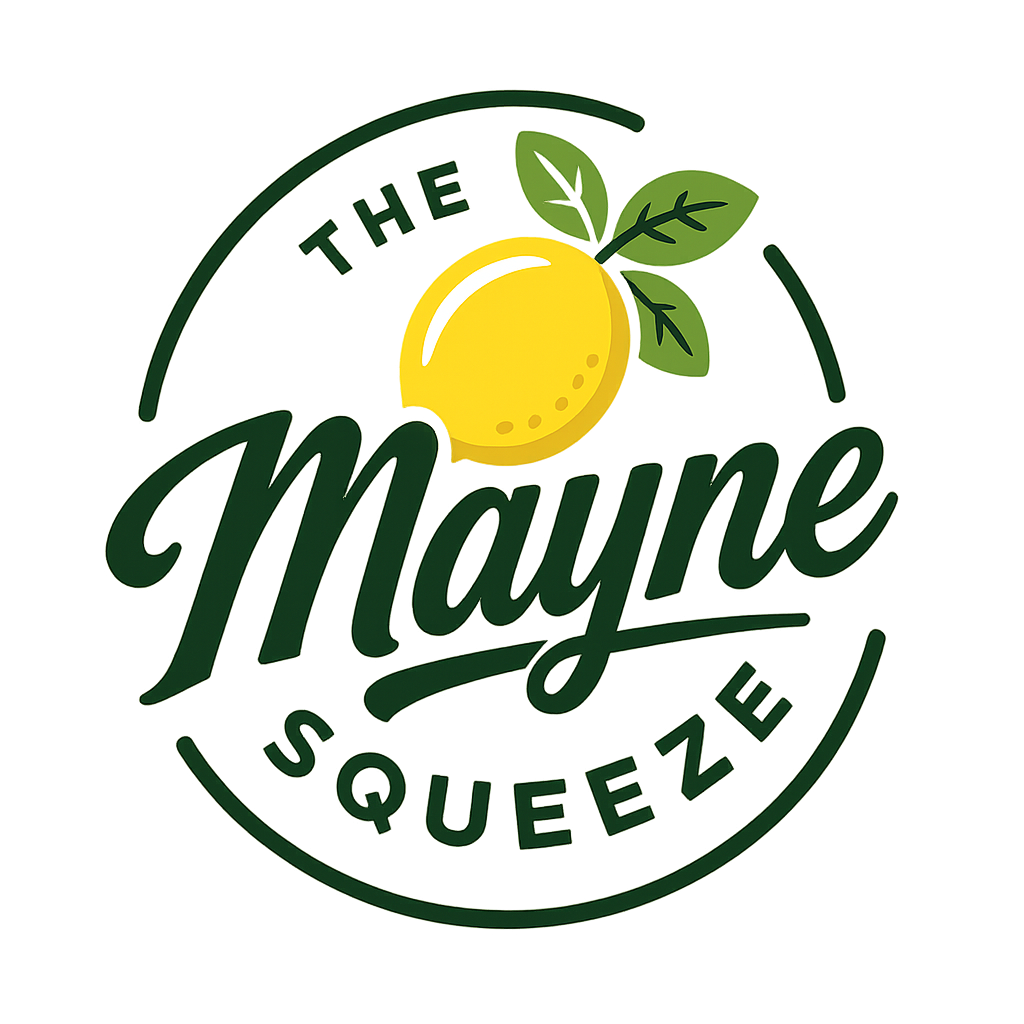 A logo for The Mauf Squeeze featuring a yellow lemon with green leaves