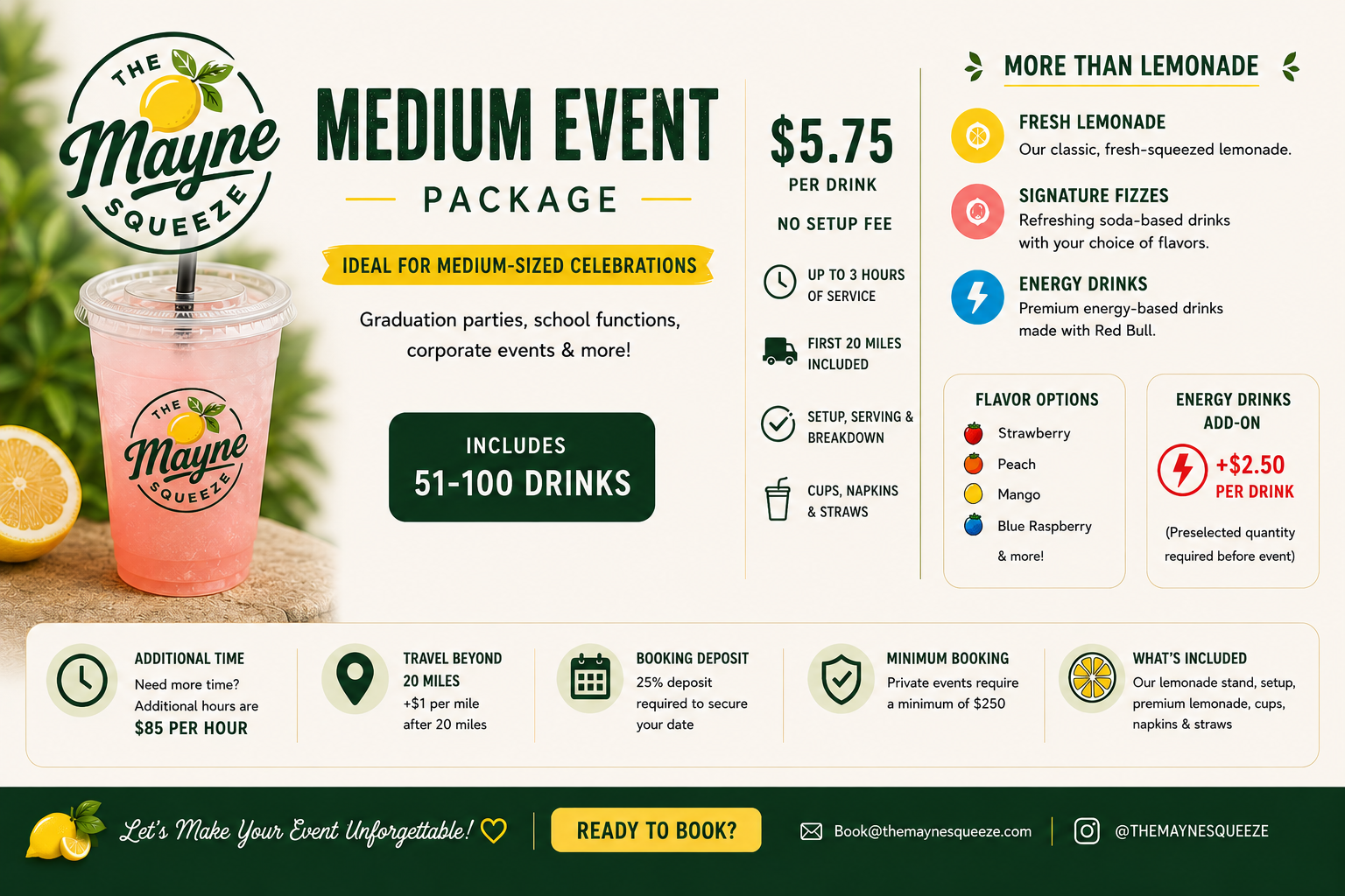 Flyer for The Mayne Squeeze promoting medium event packages for lemonade stand rentals, costing $5.75 per drink, with a service of up to three hours, including setup and serving. Features more than lemonade with options for fresh lemonade, signature fizz, and energy drinks, with additional energy drink options. Includes details on minimum booking requirements, extra hours, travel beyond 20 miles, deposit, and what is included. Design elements include lemon images, icons for drinks, and booking info.