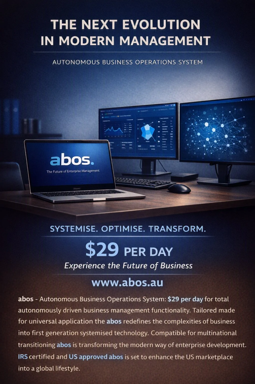 Advertisement for abos, an autonomous business operations system, featuring a laptop and two monitors on a desk with data visuals. Promotes a service costing $29 per day, with the website www.abos.au.