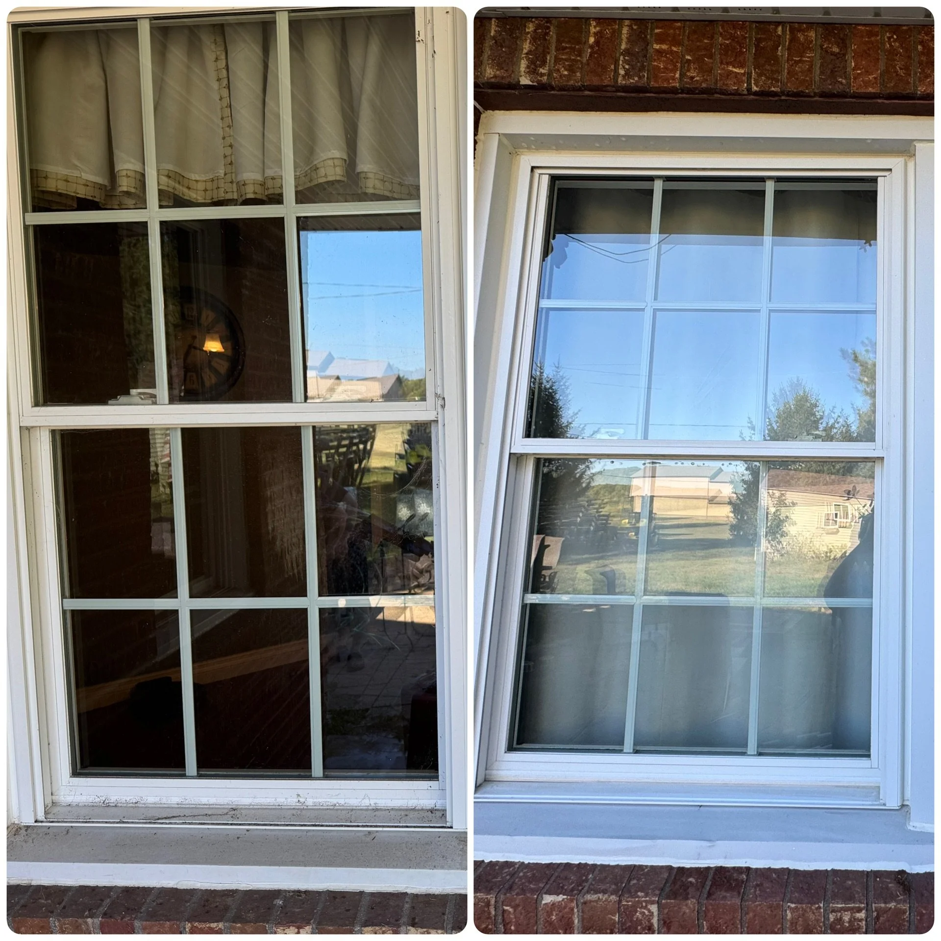 Comparison of two clear glass windows in wooden frames, one with a curtain inside, both set in brick and siding walls, with views of suburban neighborhood houses and greenery outside.
