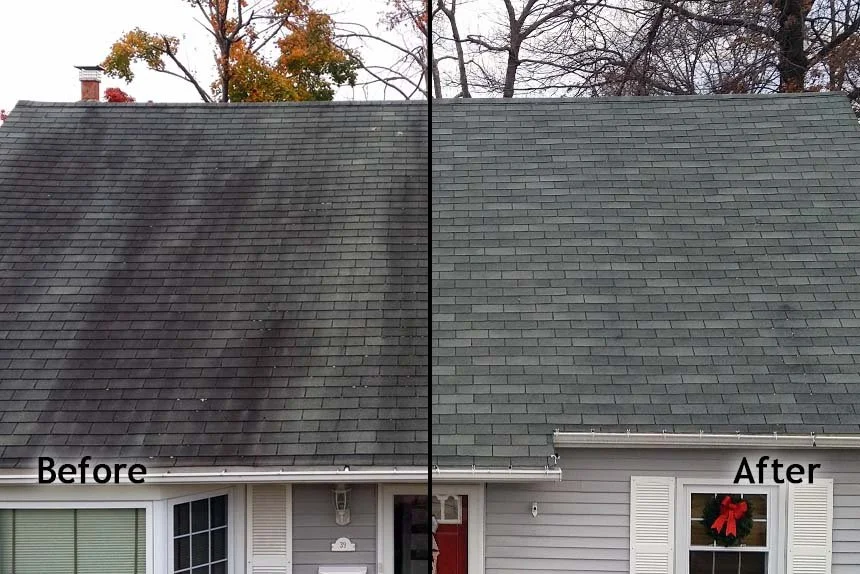 Side-by-side comparison of a house roof with before and after cleaning; the before side shows a dirty, darkened roof, and the after side shows a clean, lighter-colored roof with a holiday wreath on the window.