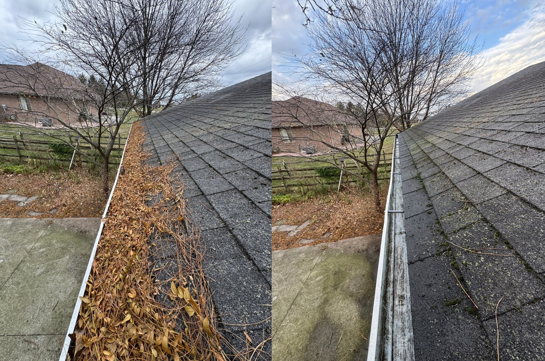 Comparison of a roof gutter filled with brown fallen leaves on the left side and a clean, leaf-free gutter on the right side.