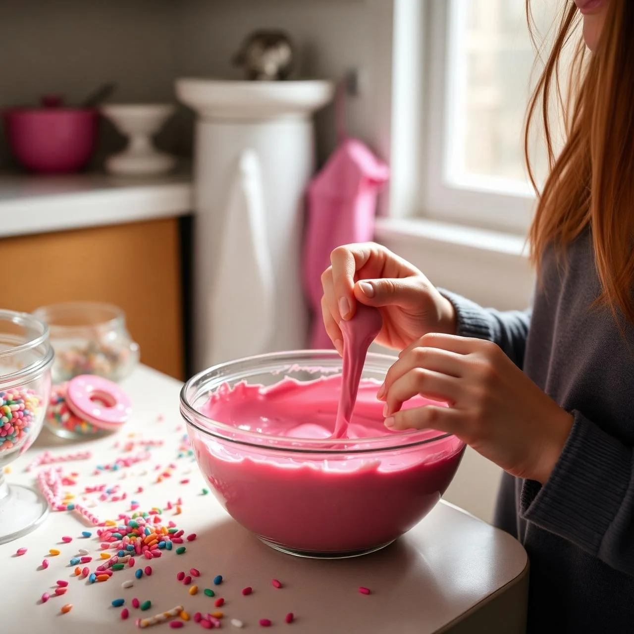 A person mixing pink slime with sprinkles on a white table in a kitchen.
