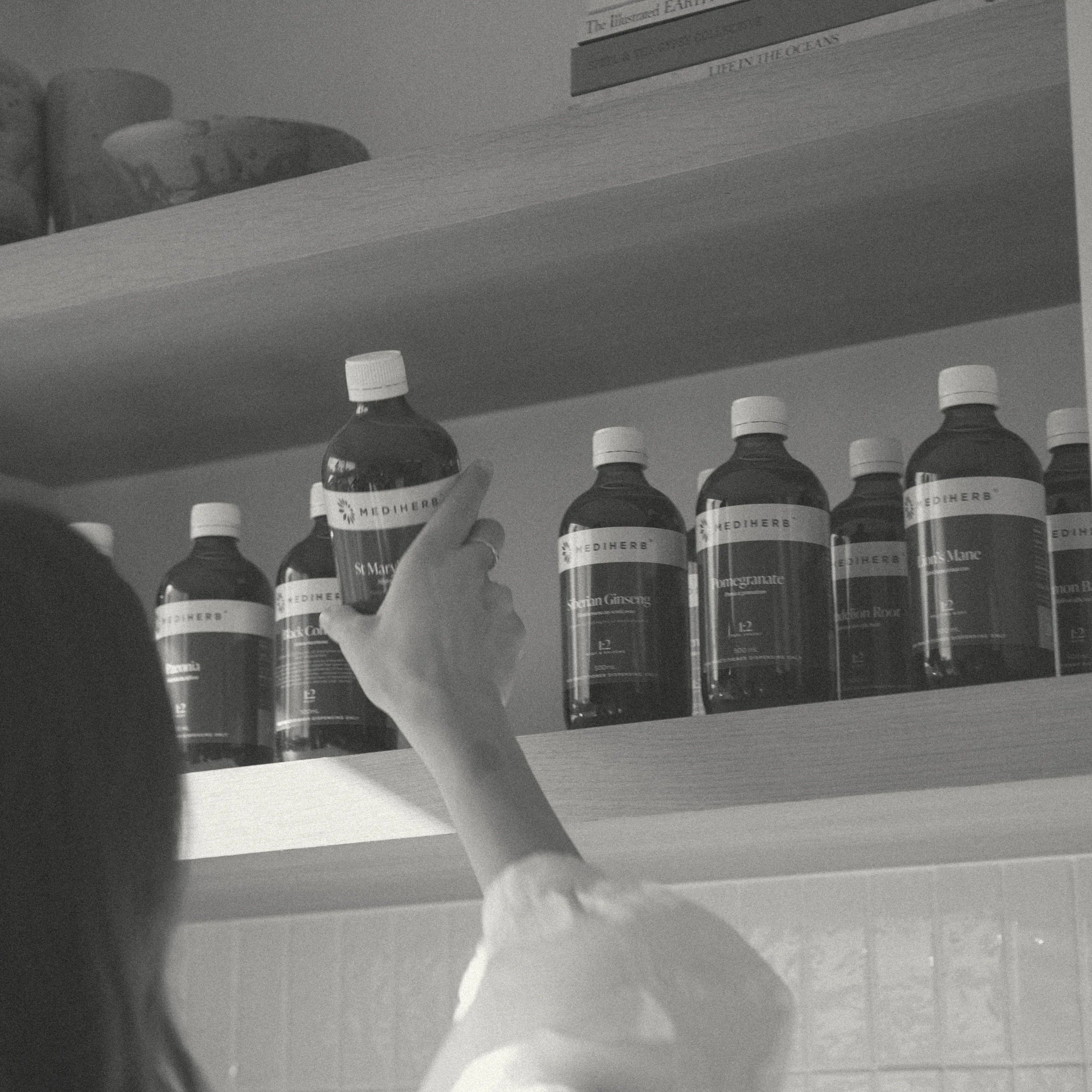 Herbal medicine dispensary with naturopathic tinctures for hormonal balance, gut health, skin health, energy and stress support.