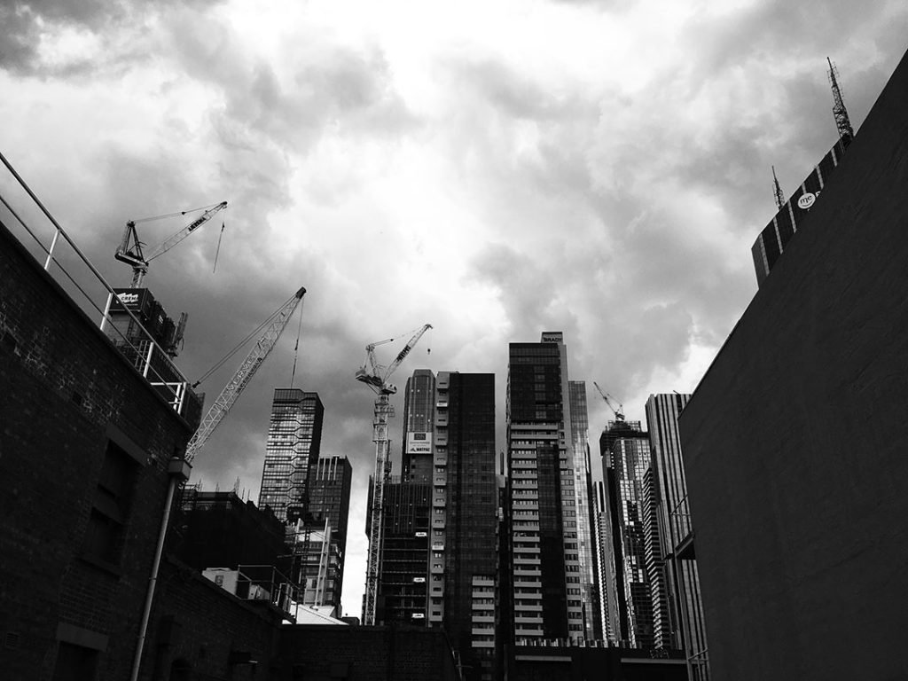 City under siege. Cranes in Lonsdale St. Melbourne.