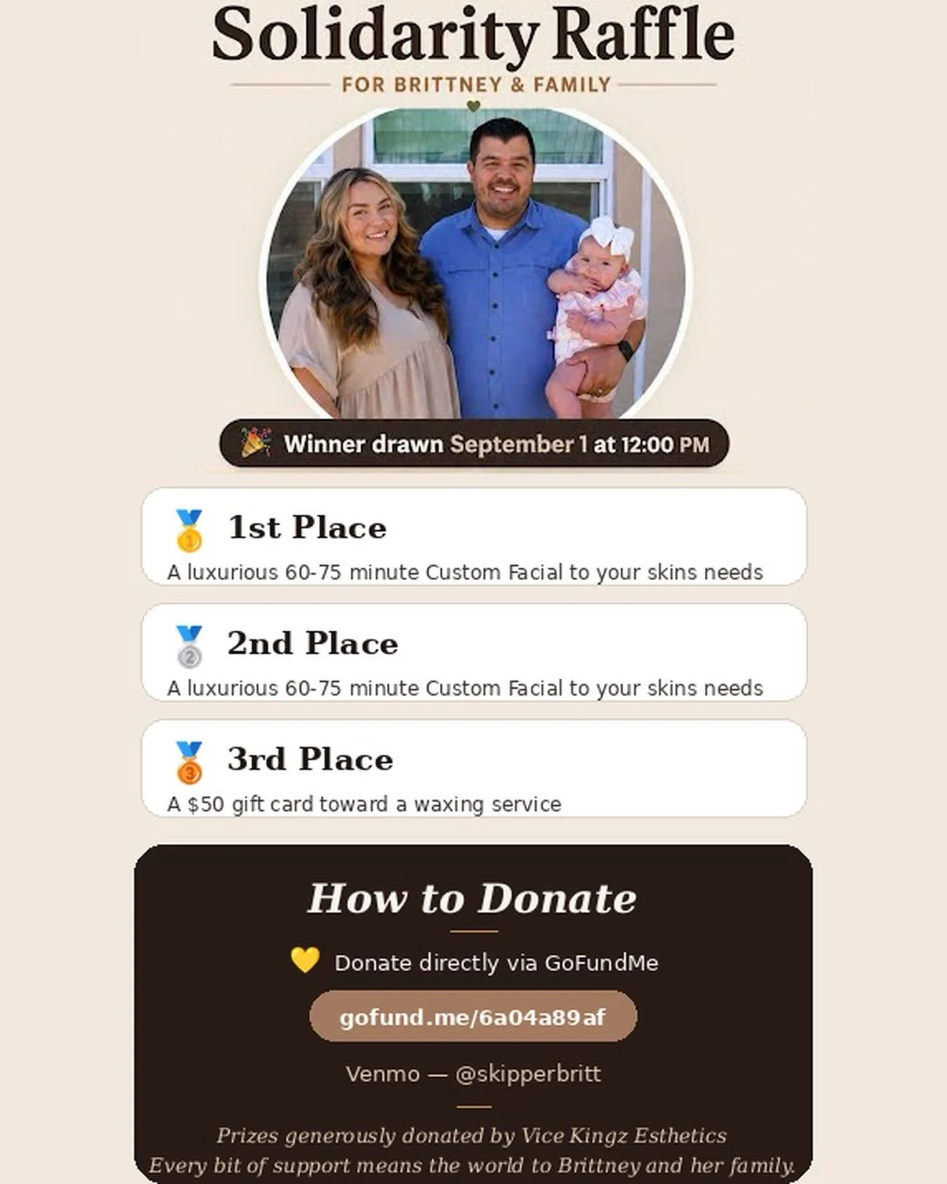 Support Brittney &amp; her family while getting the chance to win an amazing prize. 💛

Every raffle entry helps make a difference during this difficult time. Thank you to everyone who has donated, shared, and shown their support.

✨ Winner announced
