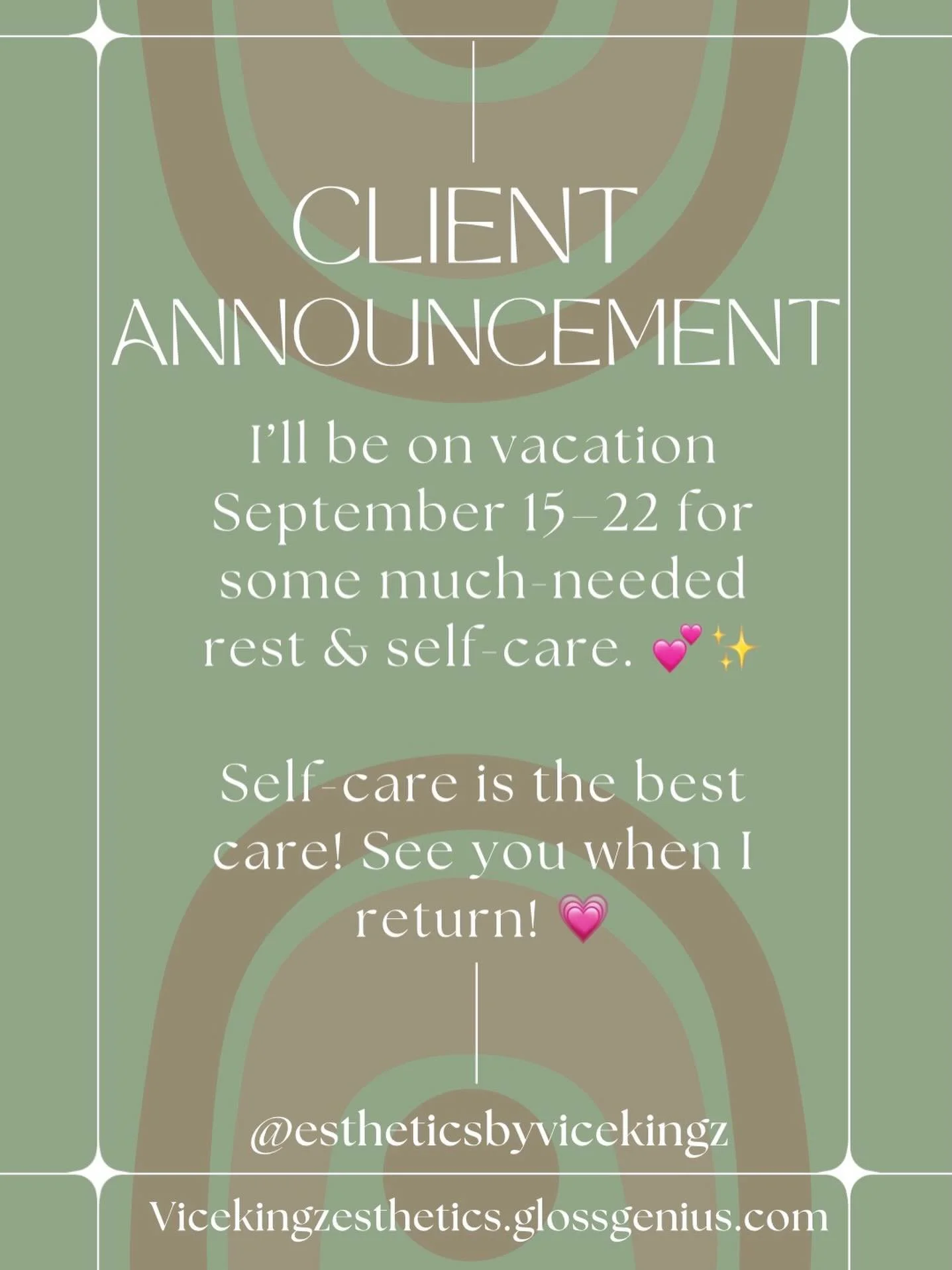 ✨ A little reminder: self-care is the best care! 💕✨

I&rsquo;ll be out on vacation September 15&ndash;22 to rest, recharge, and pour back into myself. 🌿💗

Thank you for your love, support, and understanding! I&rsquo;ll see you when I return! 🫶🏽✨