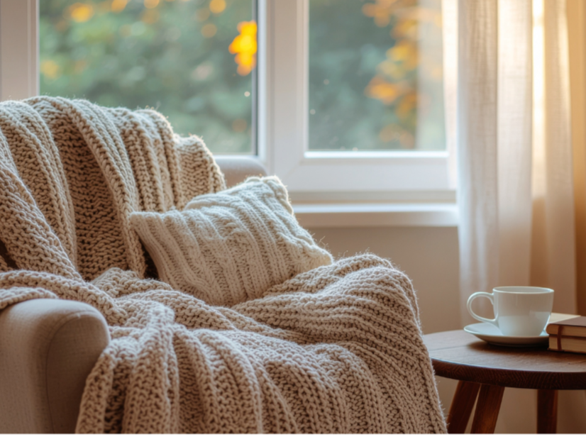 A cozy living room corner with a beige armchair, fluffy knitted throw blanket, and a matching knitted pillow. Next to the armchair, there is a small wooden side table with a white teacup on a saucer and two closed books. The background shows a window with sunlight streaming in, illuminating the scene with a warm ambiance.