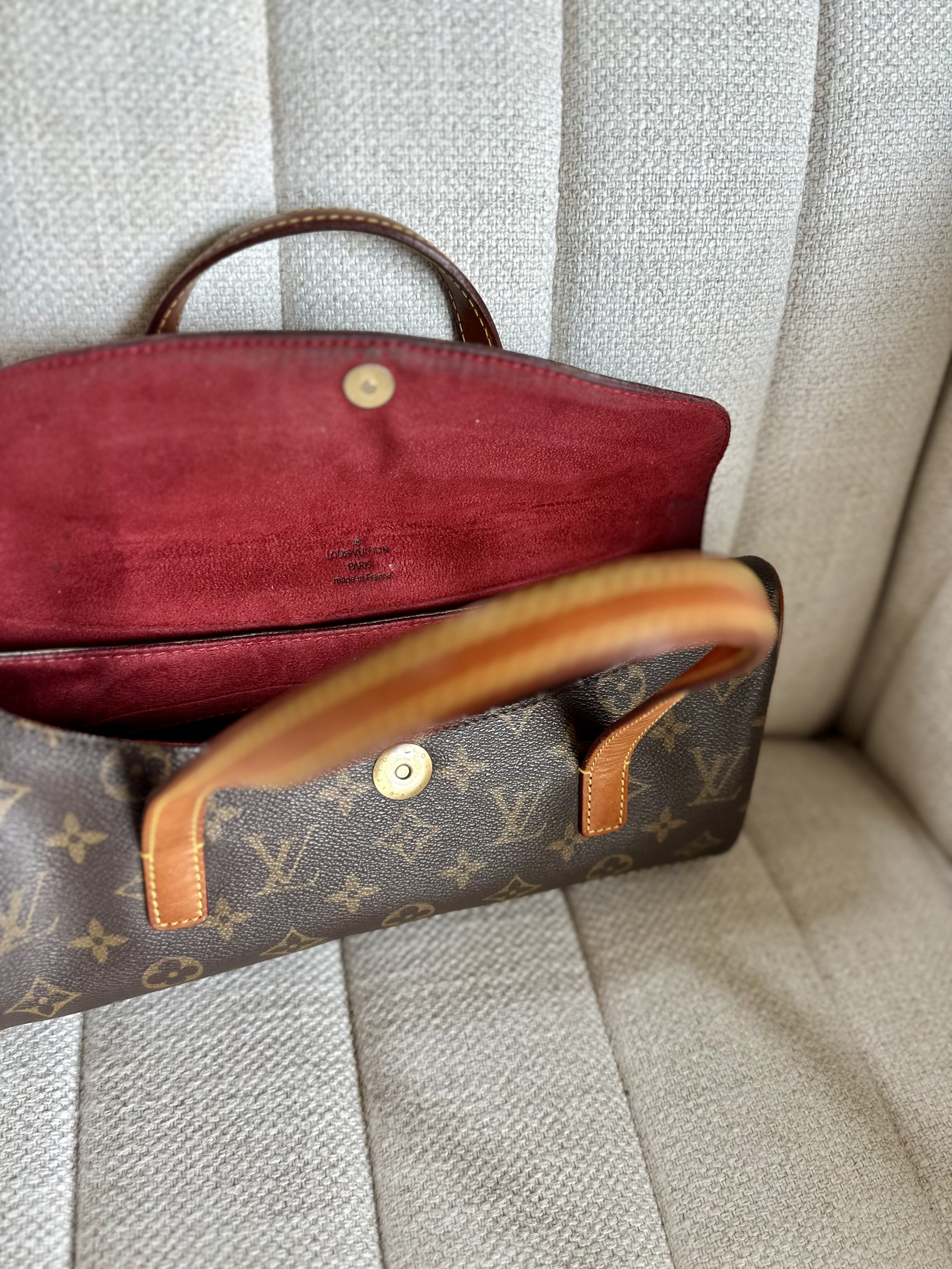 Louis Vuitton Sonatine open view, burgundy suede interior
