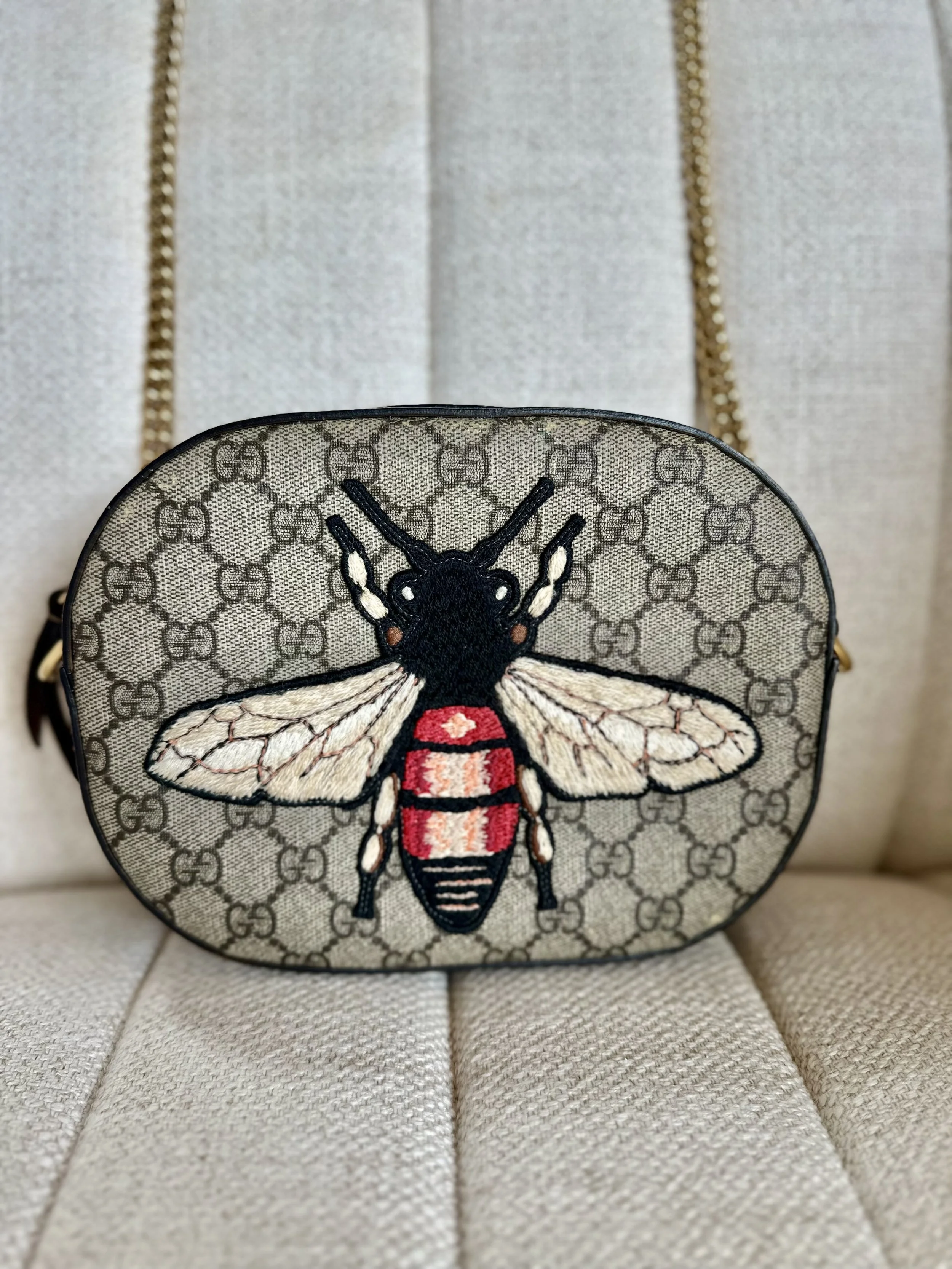 Gucci GG Supreme Mini Bee bag front view with gold chain strap