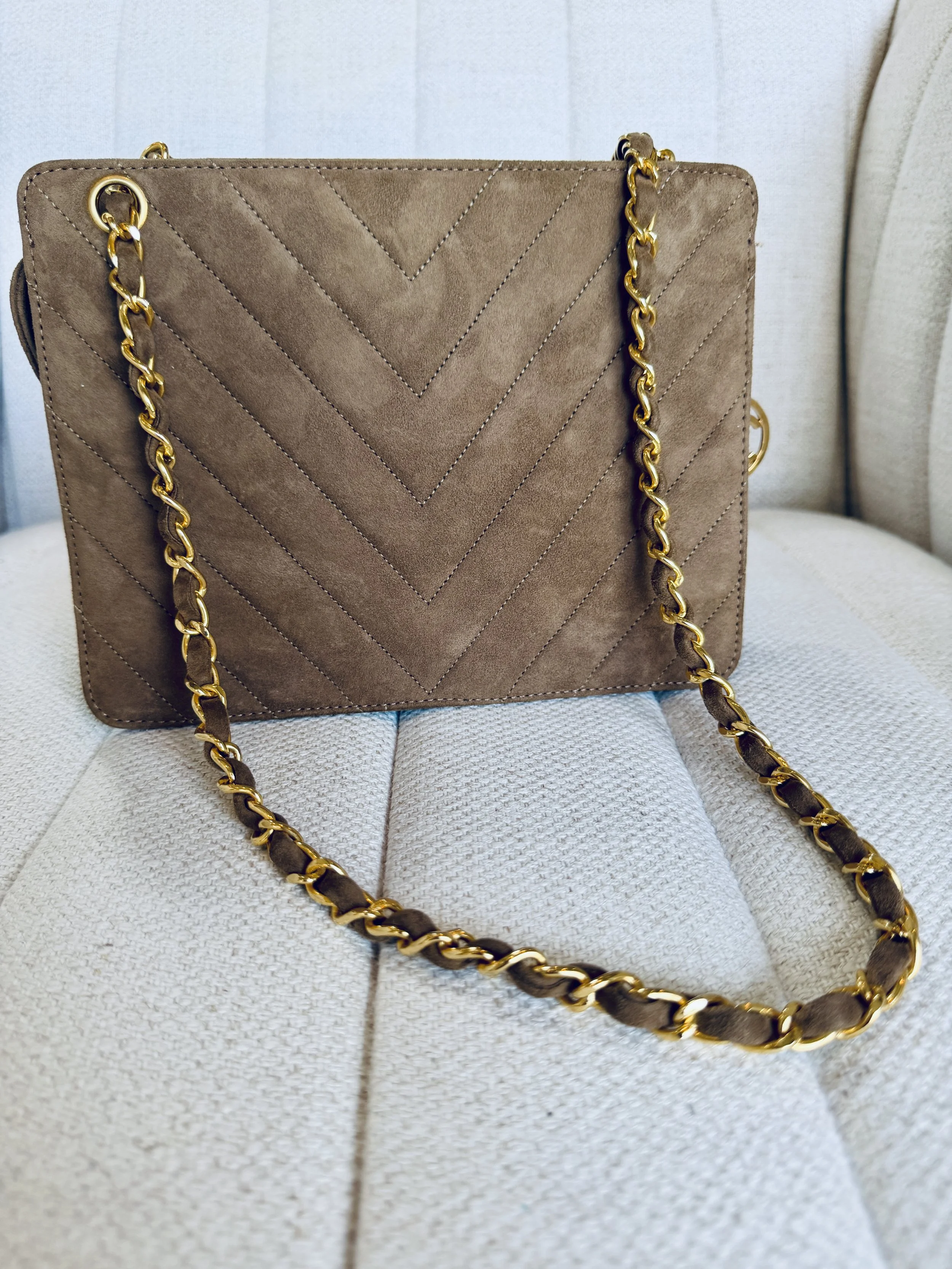 Chanel vintage suede bag back view, chevron quilting