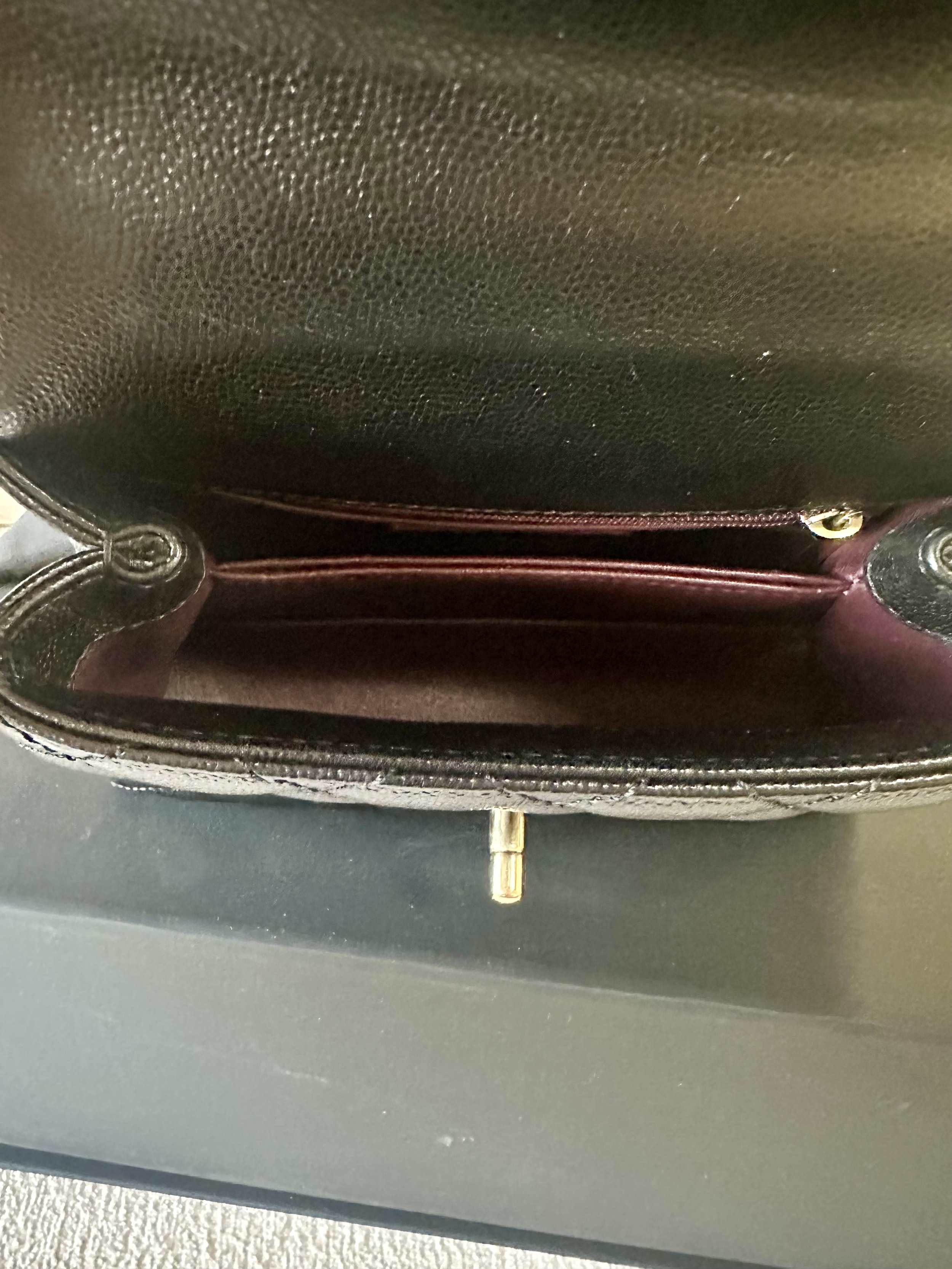 Chanel Mini Coco Top Handle interior burgundy lining gold zipper