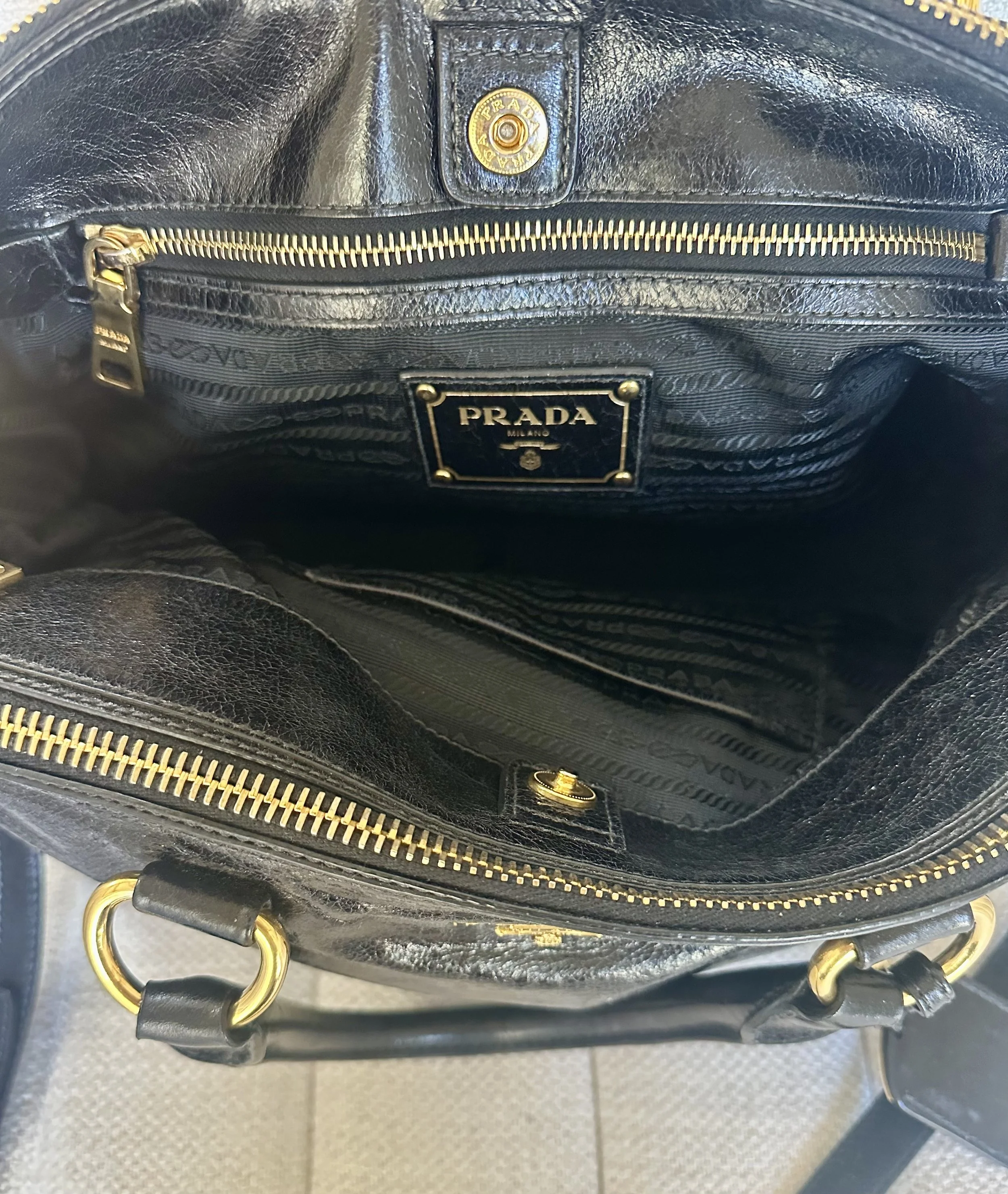 Prada Vitello Shine Satchel interior PRADA MILANO plaque black jacquard lining gold zipper