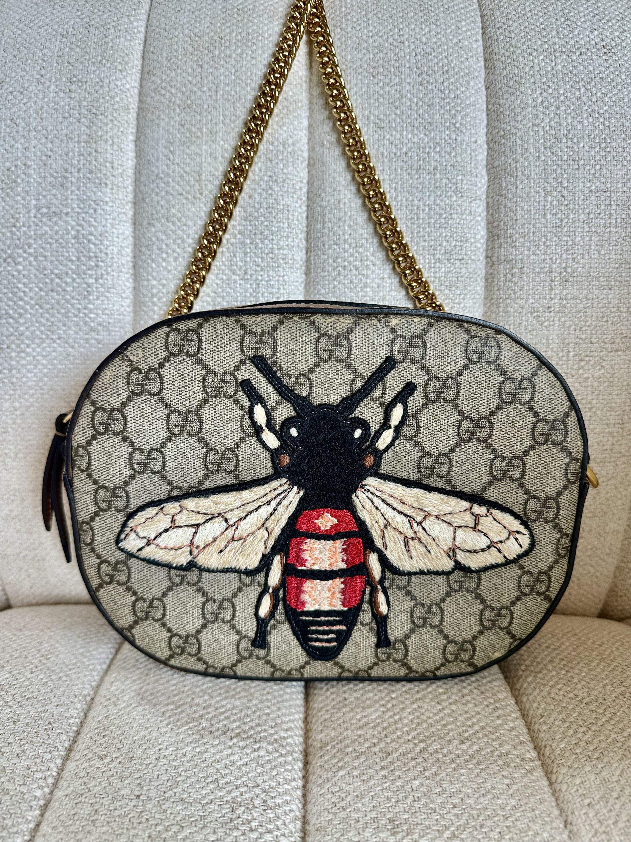 Gucci Bee bag hand embroidered bee applique close-up