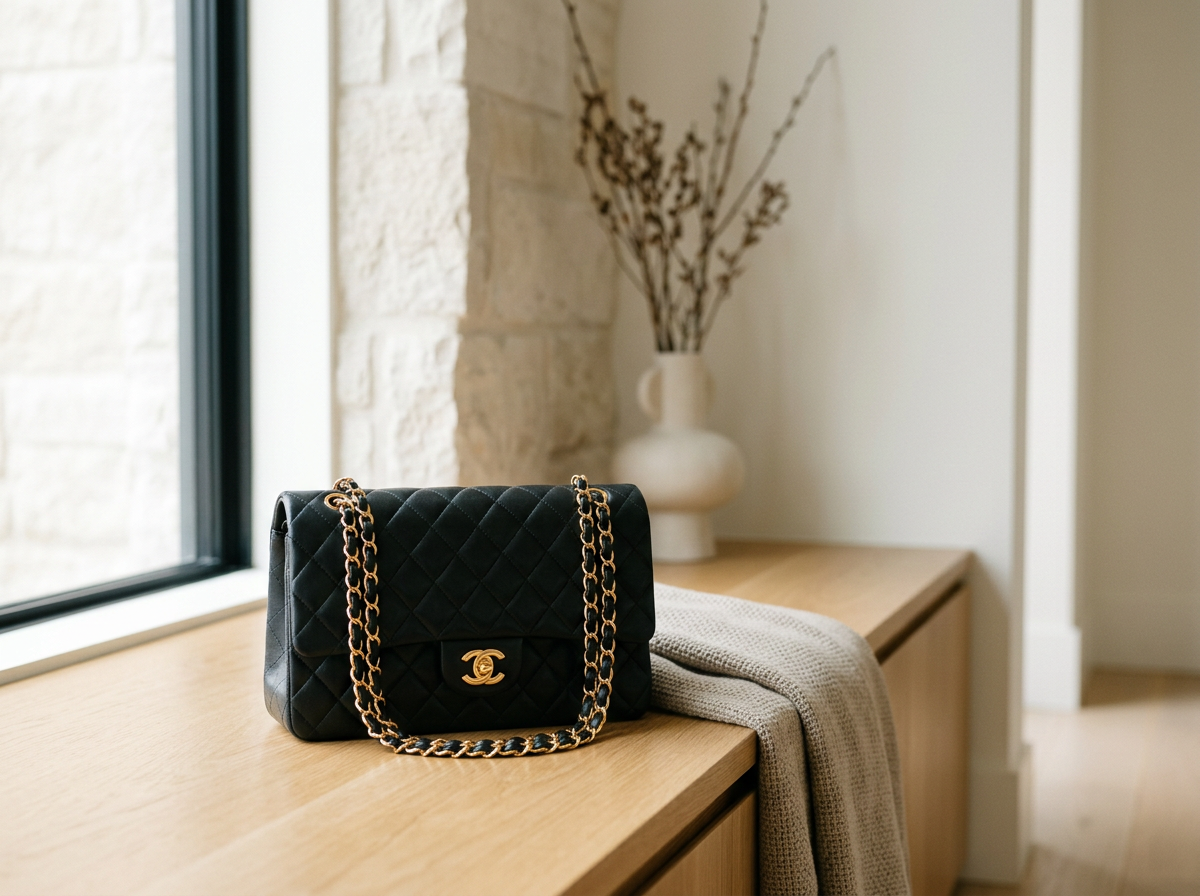 A black quilted Chanel handbag with a gold chain strap and logo, resting on a wooden surface near a window with a beige blanket draped over the edge, with a white vase holding dried branches in the background.