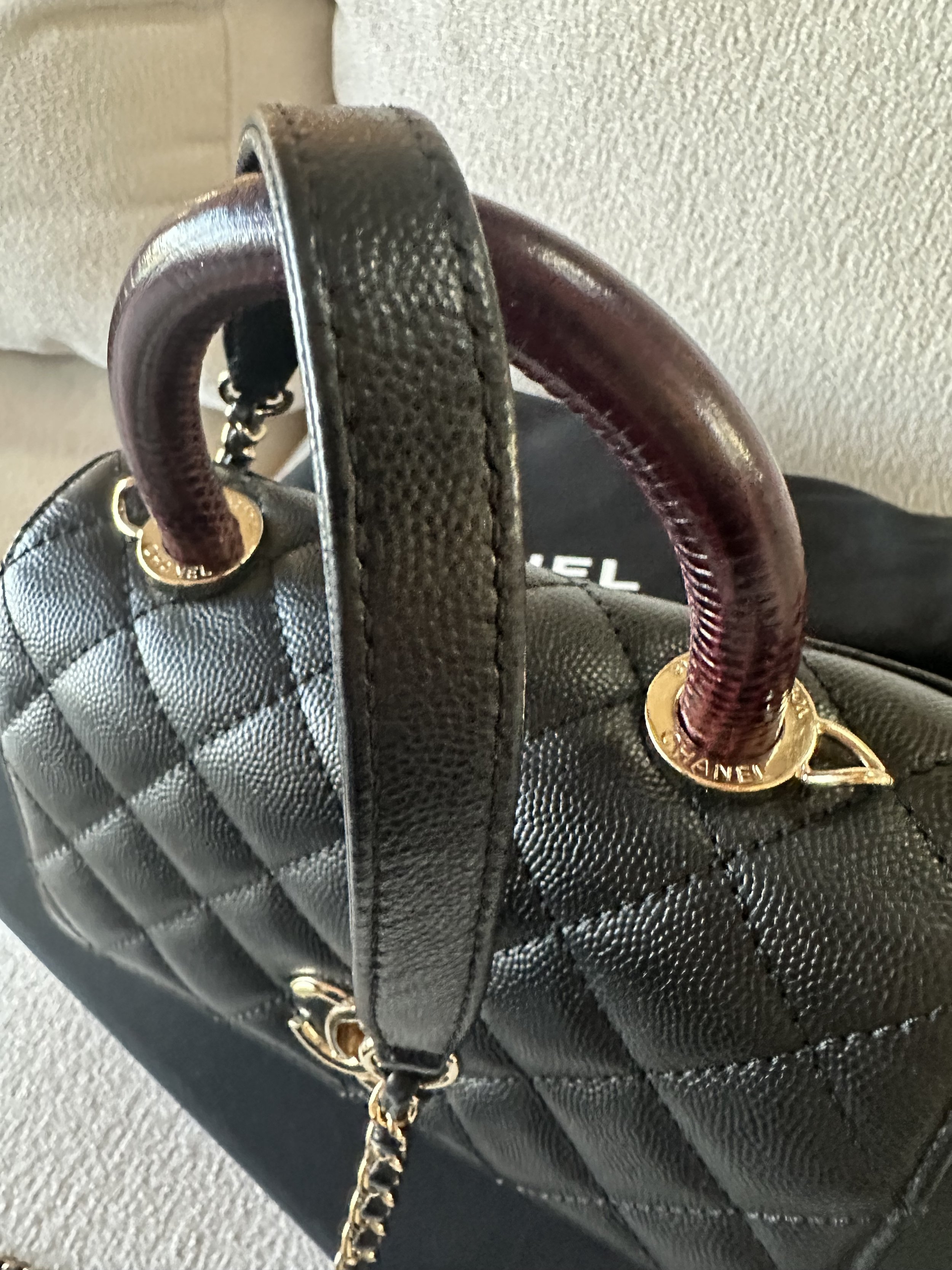 Chanel Mini Coco Top Handle burgundy lizard embossed handle side detail gold hardware