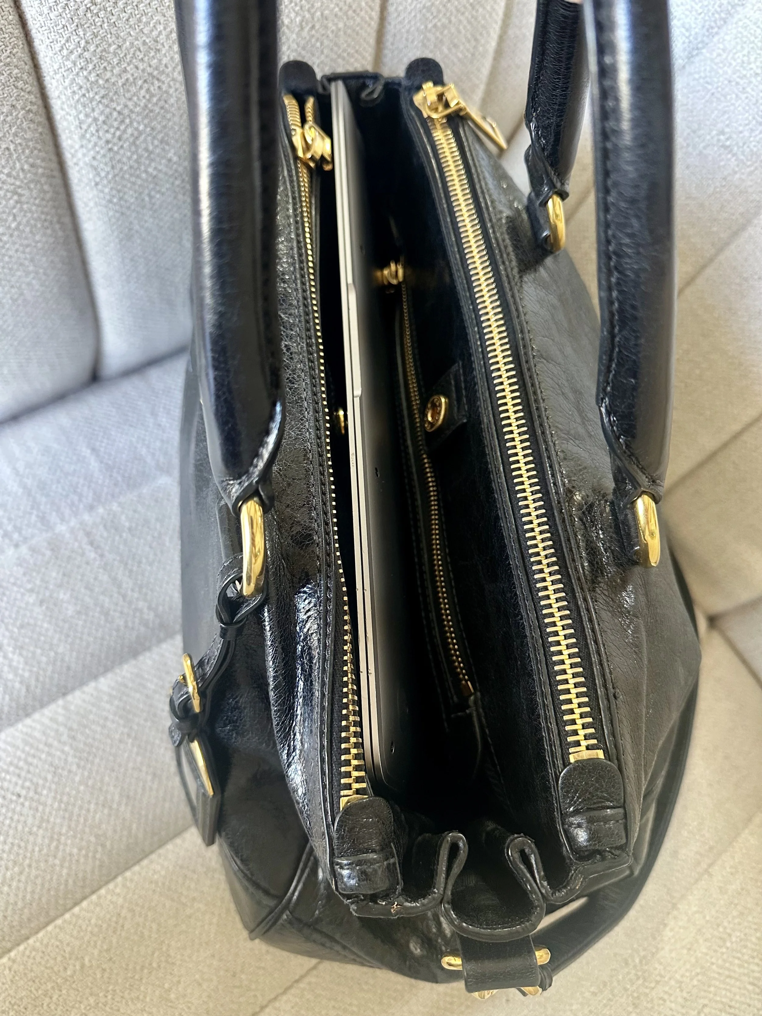 Prada Vitello Shine Satchel size reference fits 13 inch MacBook laptop black gold hardware