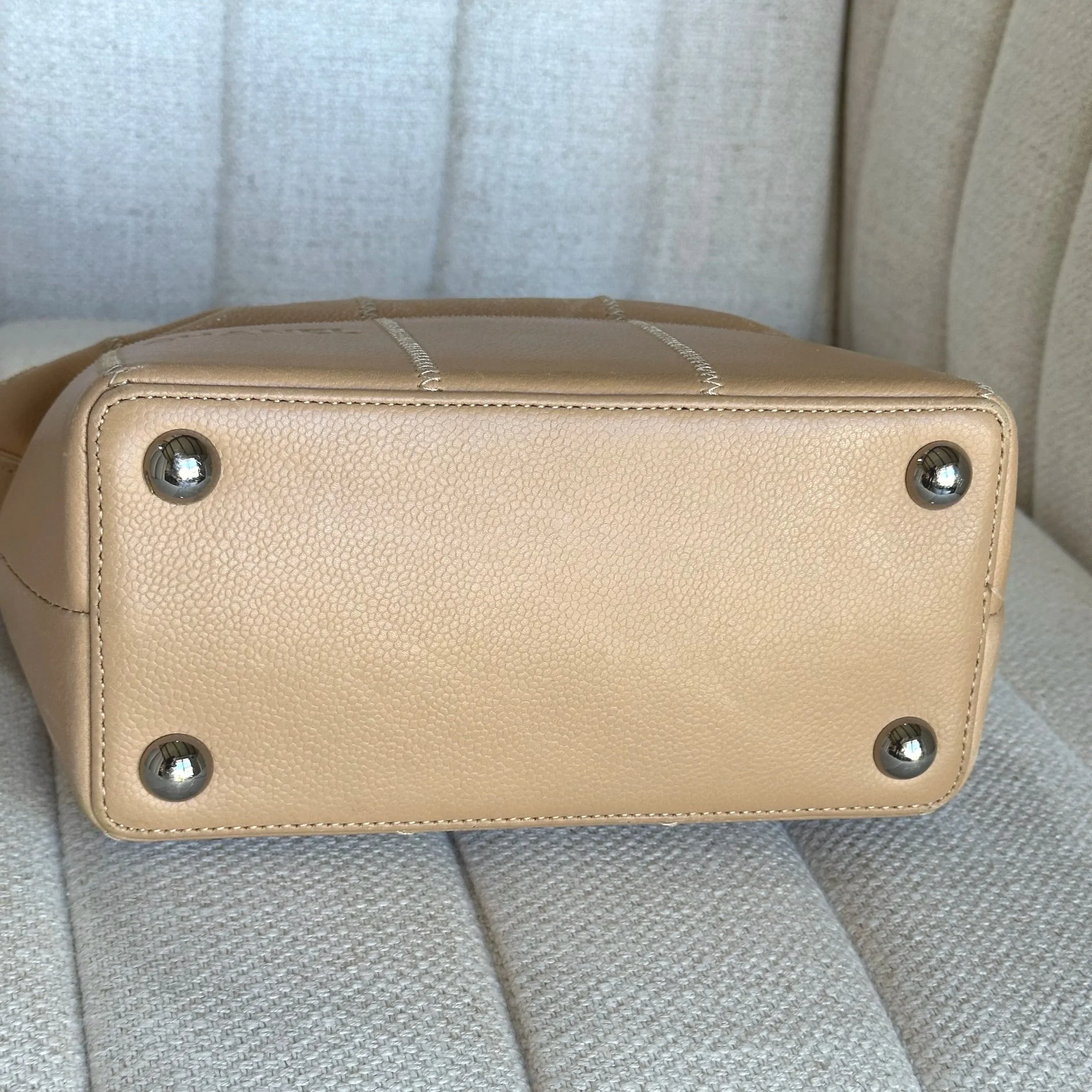 Chanel Chocolate Bar shoulder bag base view, square stitching and silver protective feet