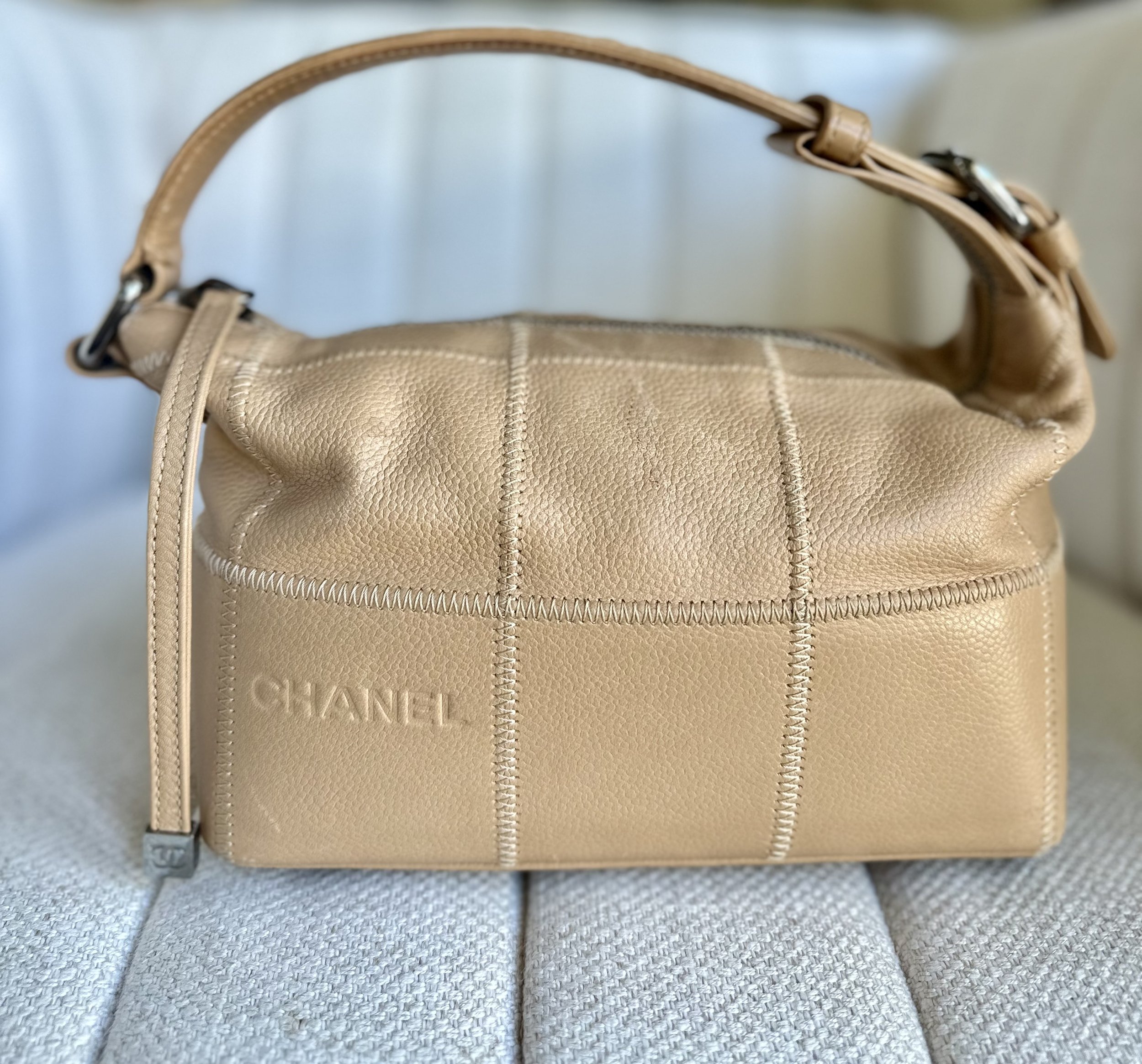 Chanel Chocolate Bar square stitch shoulder bag front view, beige caviar leather