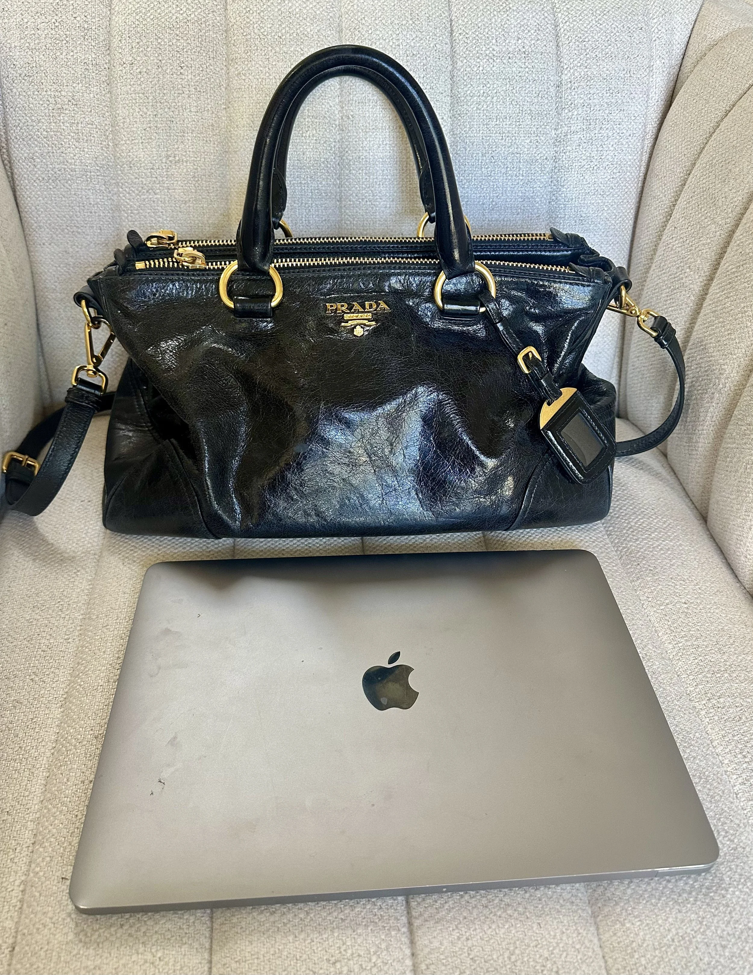 Prada Vitello Shine Satchel size reference fits 13 inch MacBook laptop black gold hardware