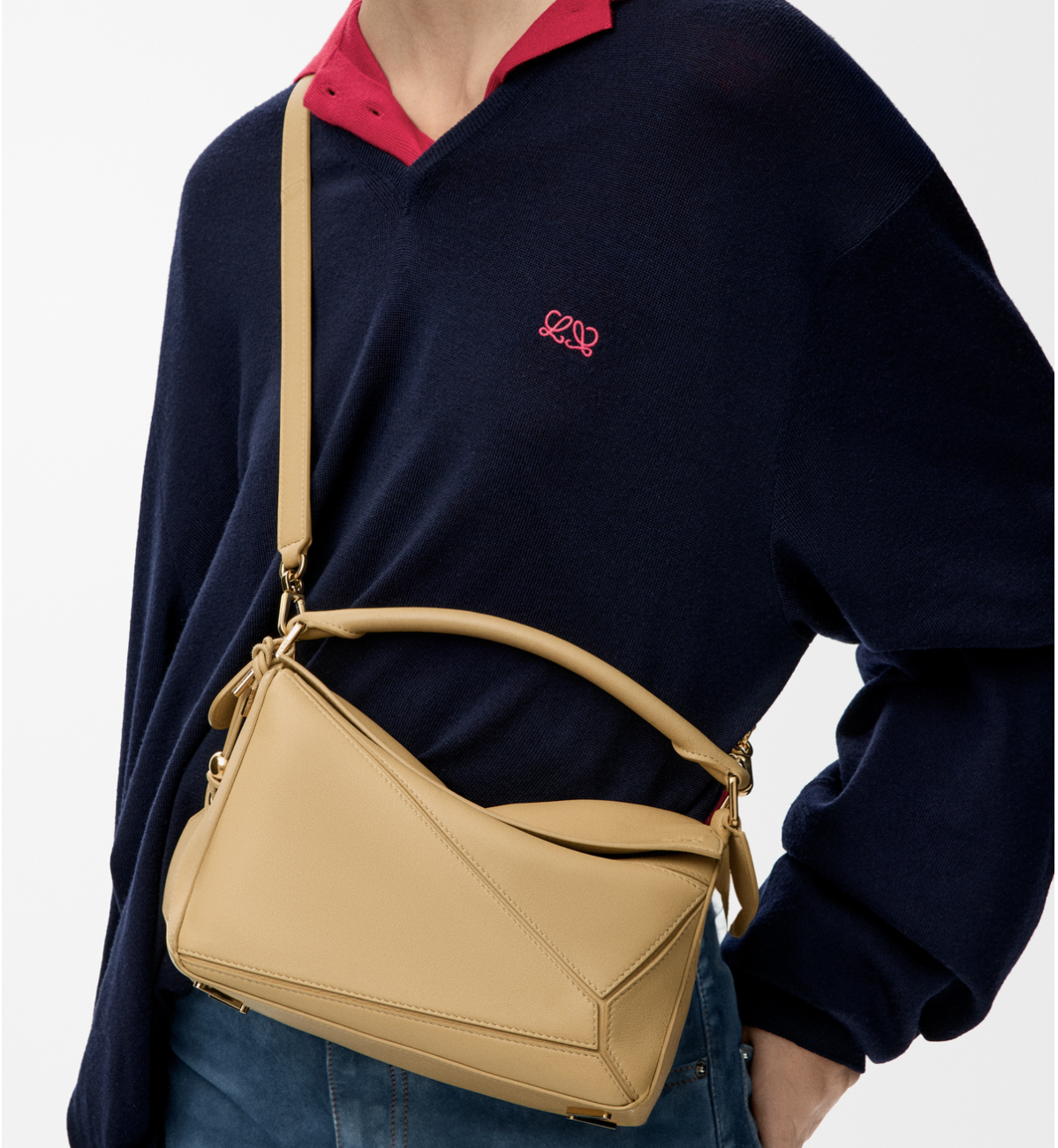 Loewe Small Featherlight Puzzle bag worn crossbody, front view on model