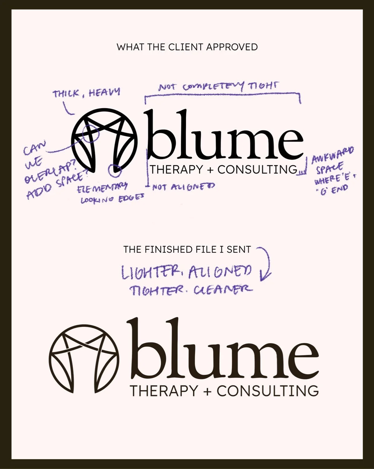 I am going to be completely honest. I don&rsquo;t put a ton of time into creating perfectly clean logo options before approval. 

I spend hours upon hours designing dozens of logo options that only I see, then choose the top 3 to show my client. 

An