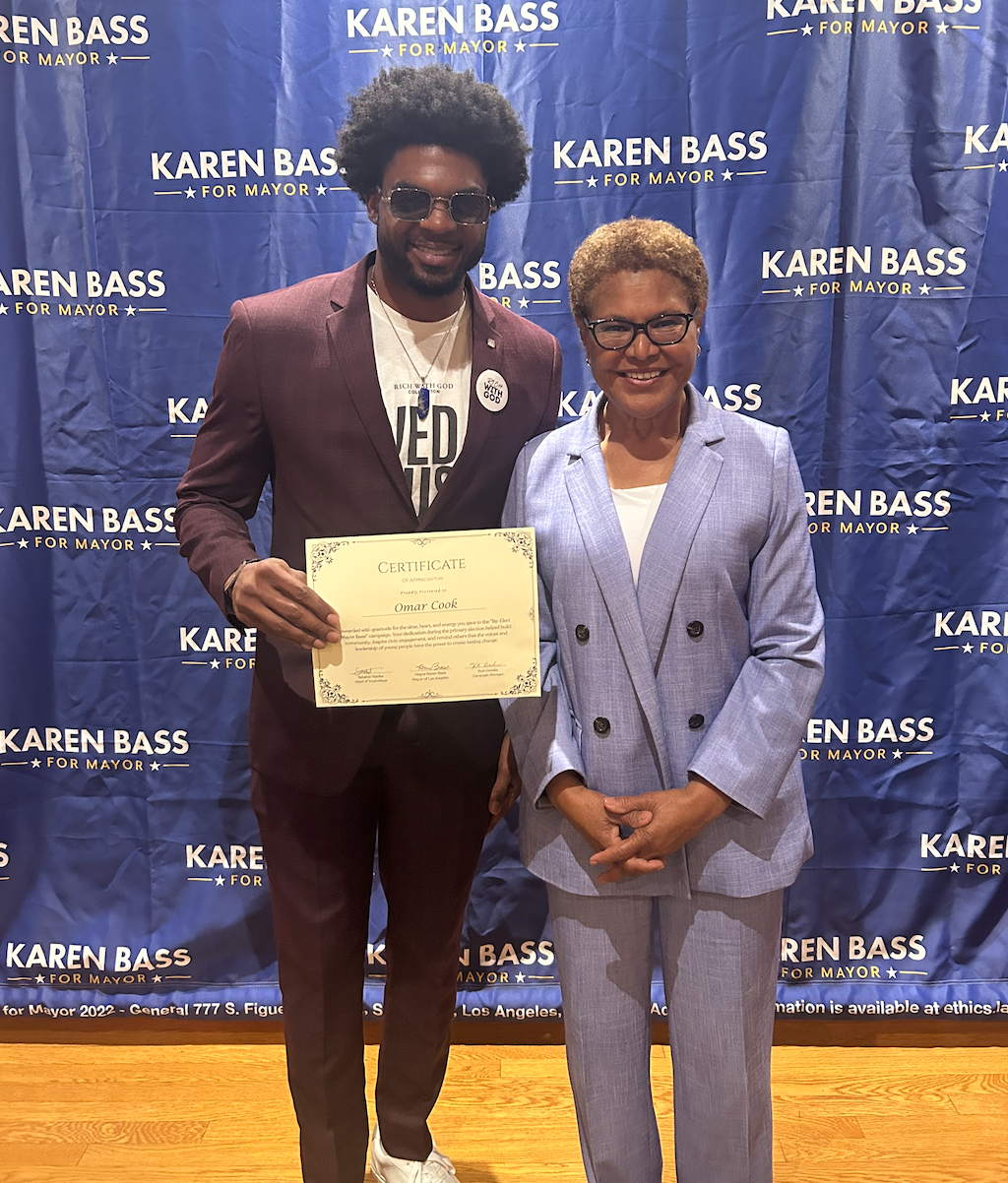 Omar Cook and Mayor Karen Bass