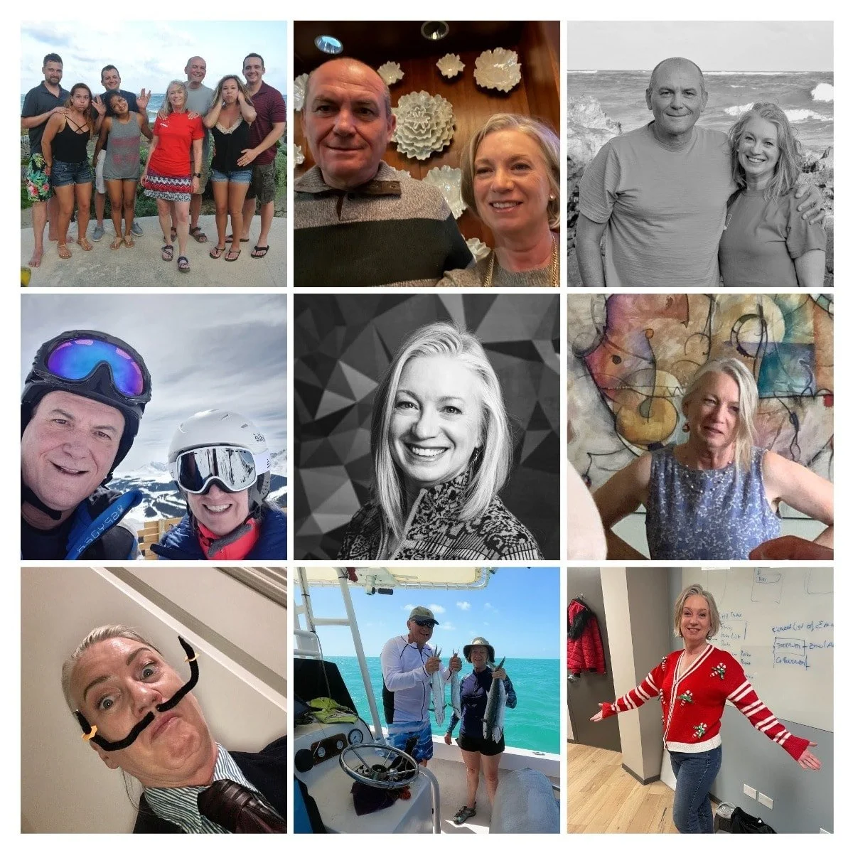 Collage of nine photos featuring a woman in various settings and outfits, including outdoor adventures, indoor gatherings, and professional environments.