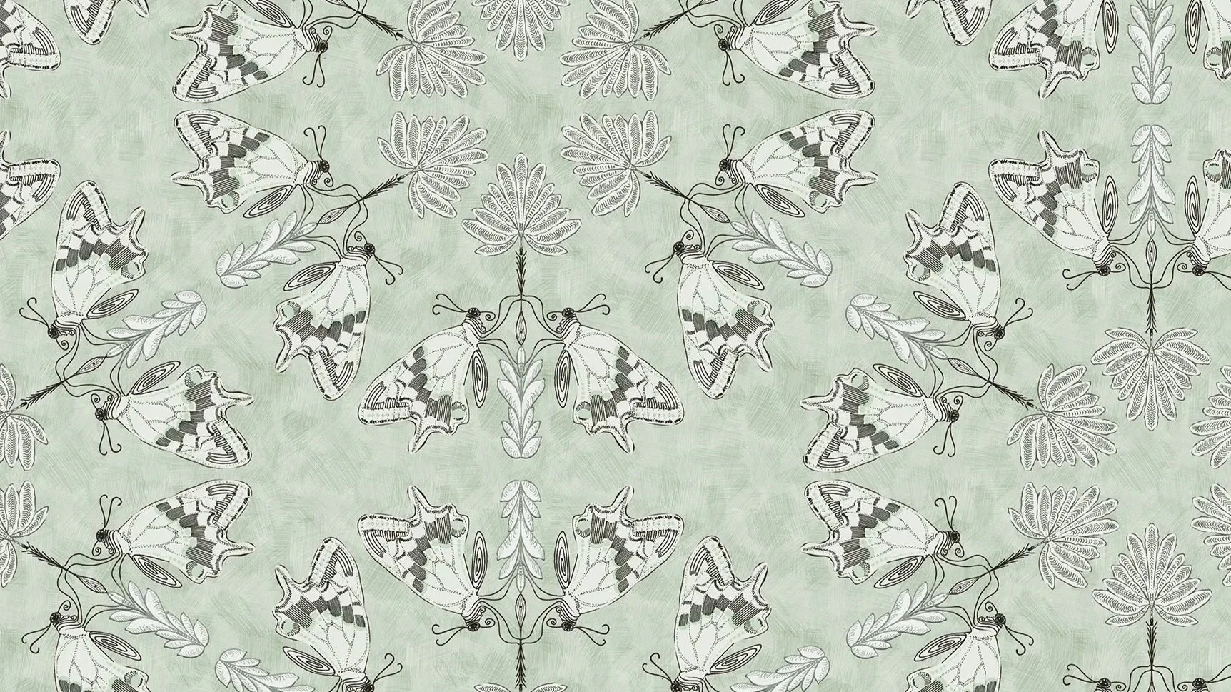 Repeating pattern of black and white butterflies and leaves on a pale green background.