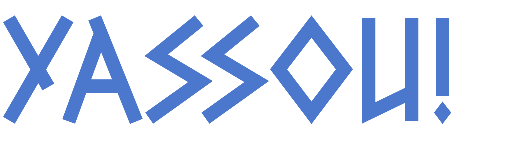 Stylized blue text spelling out "YASSOU!" on a white background.