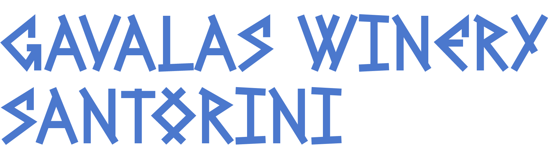 Stylized blue text that reads "GAVALAS WINERY SANTORINI"  in a greek style blue font.