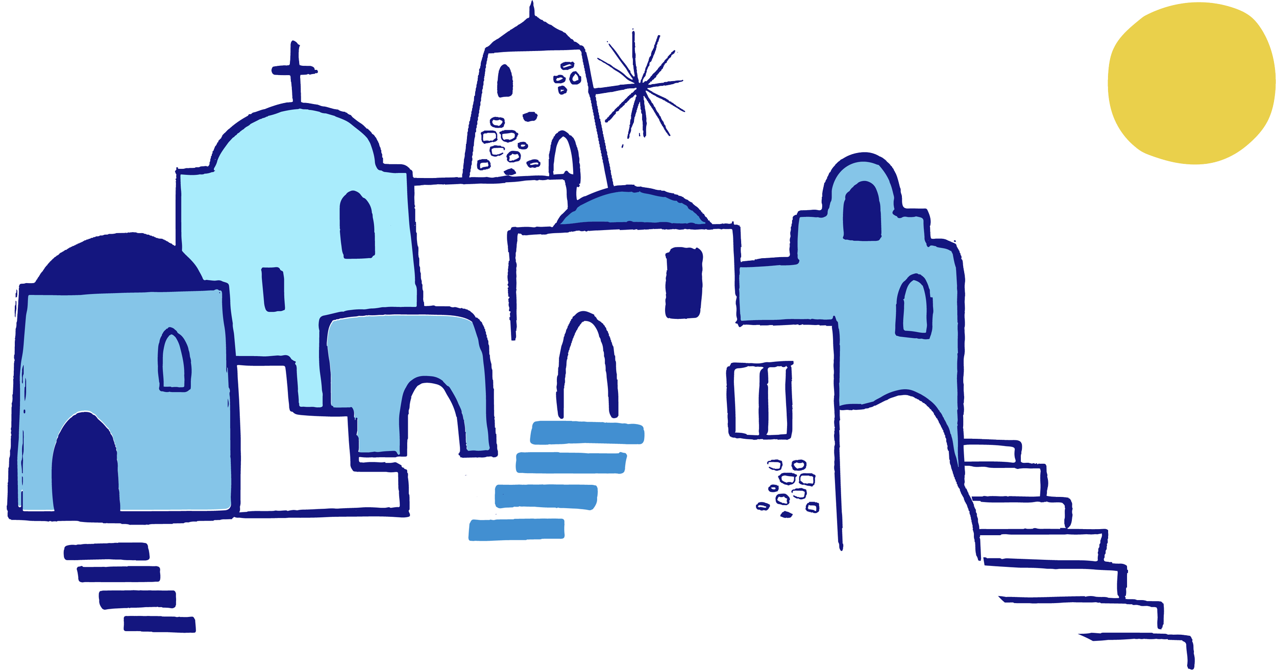 Stylized illustration of a Greek village with white buildings and blue domes, stairs, and a windmill under a yellow sun.