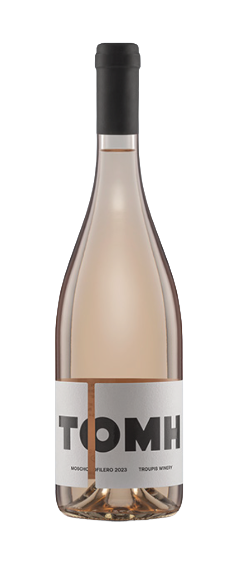 Bottle of rosé wine with a black cap and a white label reading "TOMH".