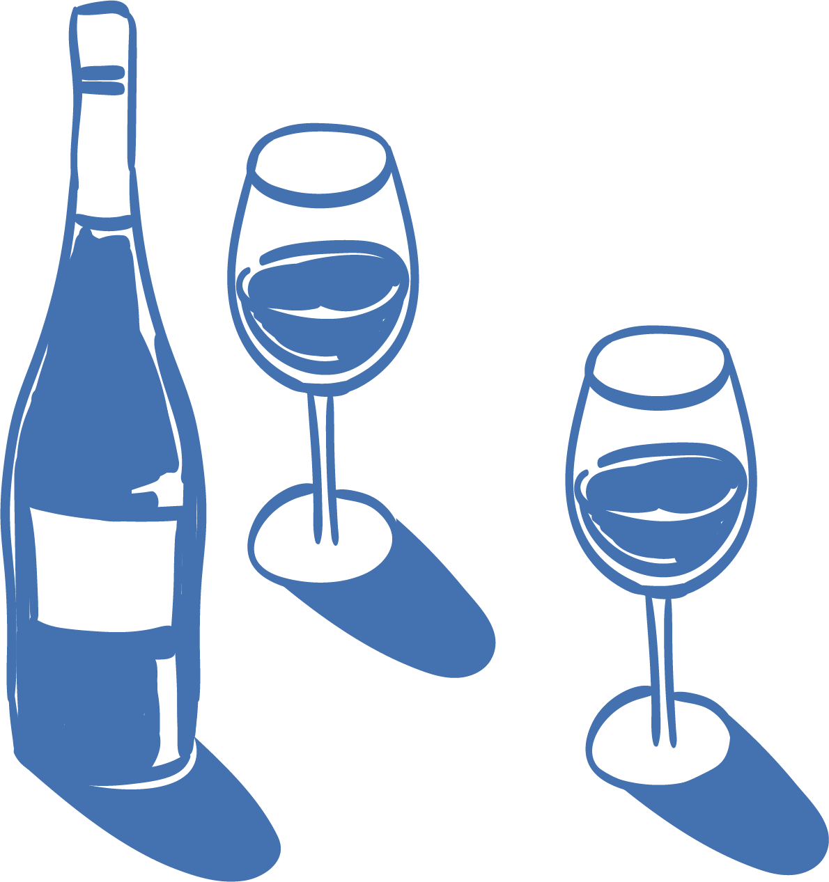 Drawing of a wine bottle and two glasses of wine with shadows.