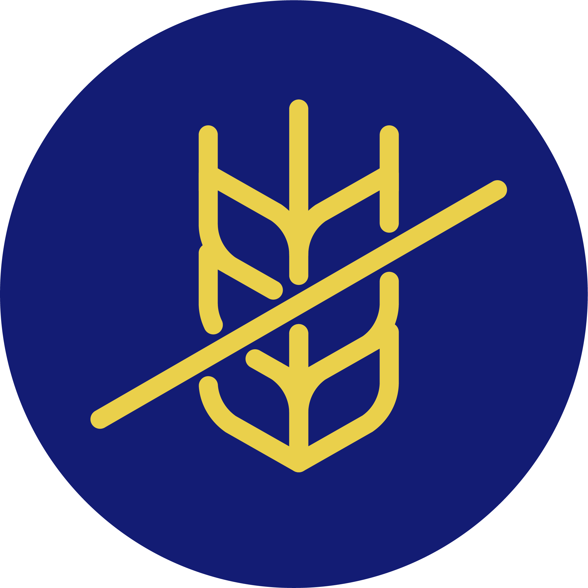 Logo with blue circle background and a yellow geometric design resembling interconnected lines and shapes.