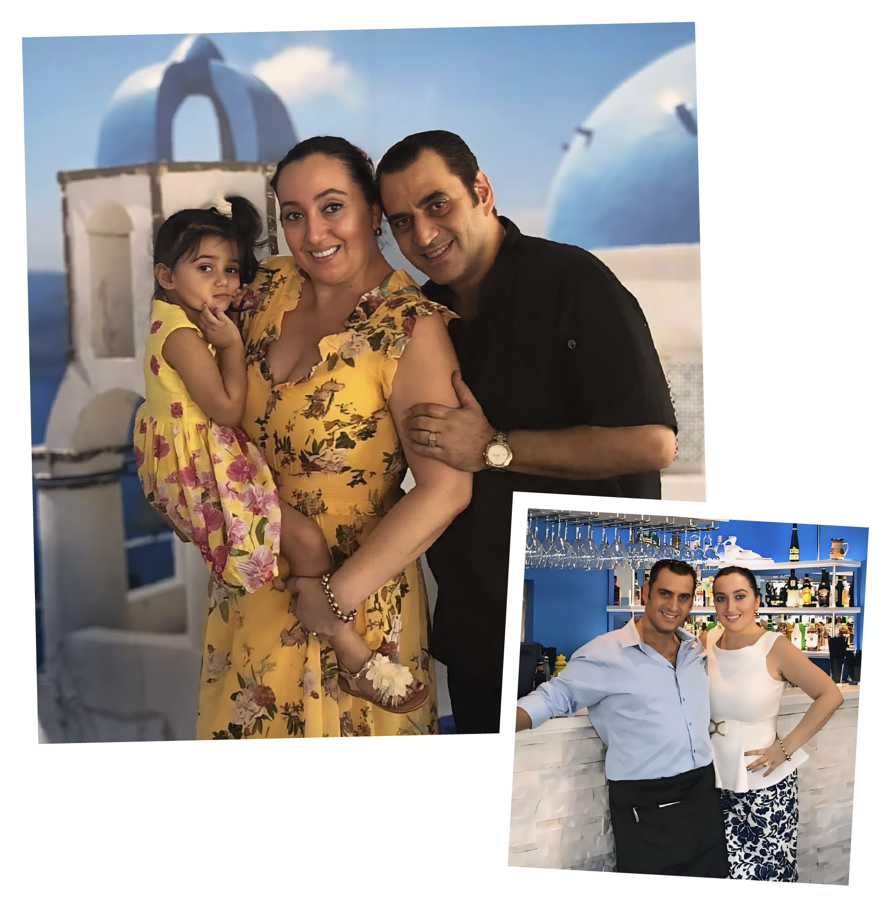 Photo of a smiling family of three in front of a background resembling Santorini, Greece, with white buildings and blue domes. The family includes a woman in a yellow floral dress, a man in a black shirt, and a young girl in a yellow dress with pink flowers. The woman is holding the girl, and the man is standing beside them.