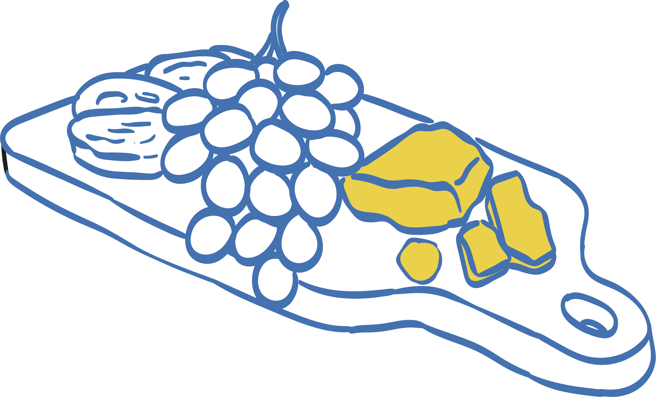 Line drawing of a tray with grapes, sliced bread, and cheese.