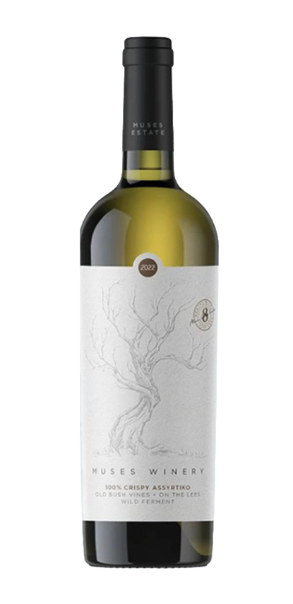 Bottle of Muses Estate 2022 Assyrtiko wine with a white label featuring a sketch of a tree and a black cap.