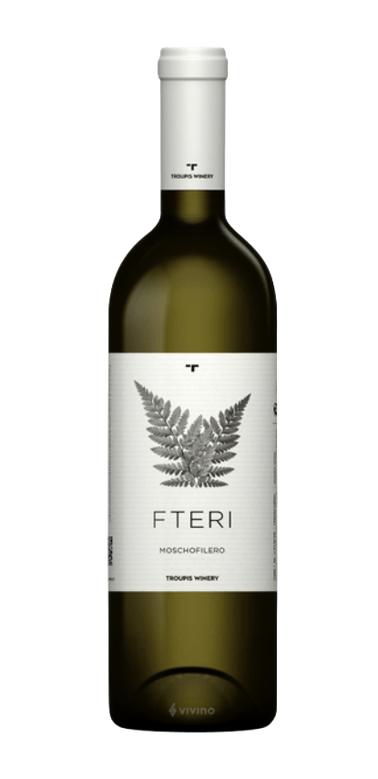 A bottle of Troupis Fteri Moschofilero Greek white wine with a white label featuring a fern leaf graphic, set against a background with green and gray blocks.
