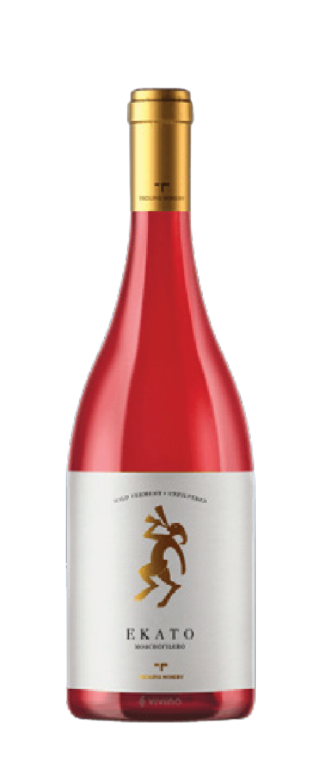 A bottle of pink-colored wine with a gold cap and a white label featuring a gold abstract figure and Greek letters.