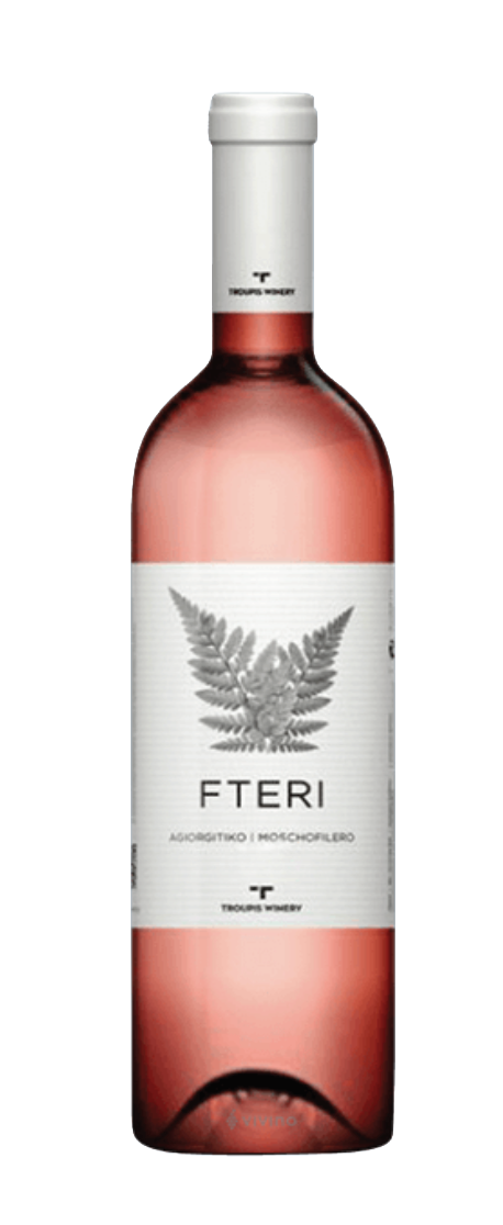 A bottle of rosé wine with a white cap and a white label featuring an illustration of a fern and the text 'FTERI'.