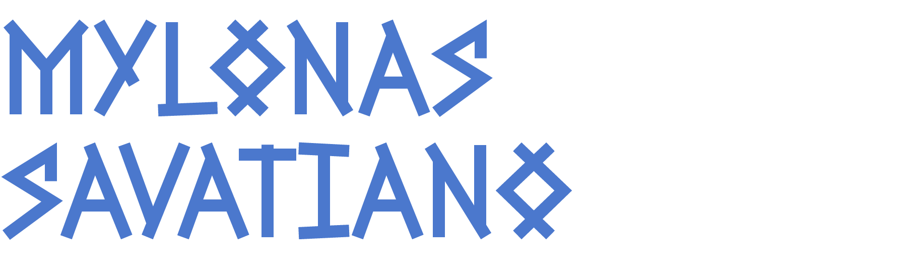 Stylized text reading 'MYLONAS SAVATIANO' in blue, with a geometric and angular font style.