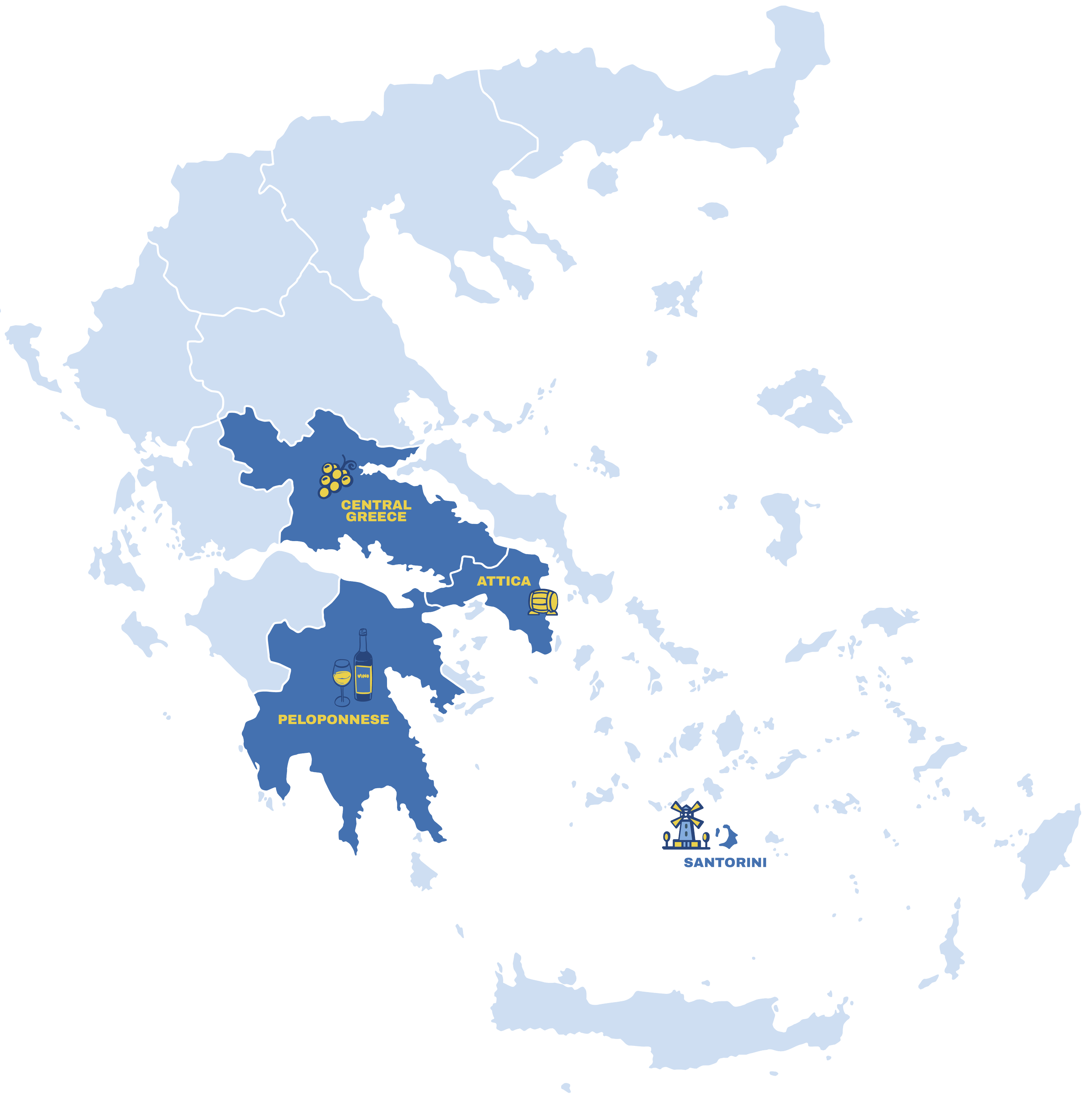 Map of Greece highlighting Central Greece, Attica, Peloponnese, and Santorini regions with icons representing wine, a lighthouse, and a windmill, and labels for each region.