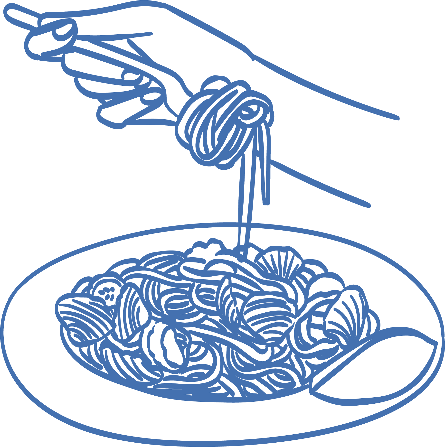 Outline illustration of a hand holding a fork, with a plate of pasta in front of it.