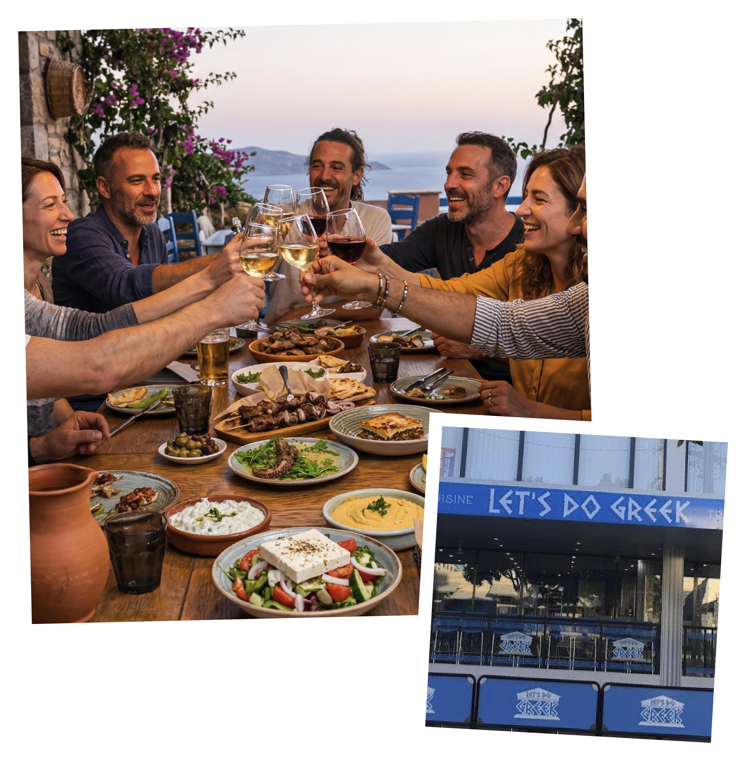 A group of people raising glasses of wine and beer in a toast at a dinner table filled with salads, grilled meats, and appetizers, with a scenic view of the ocean and mountains in the background.