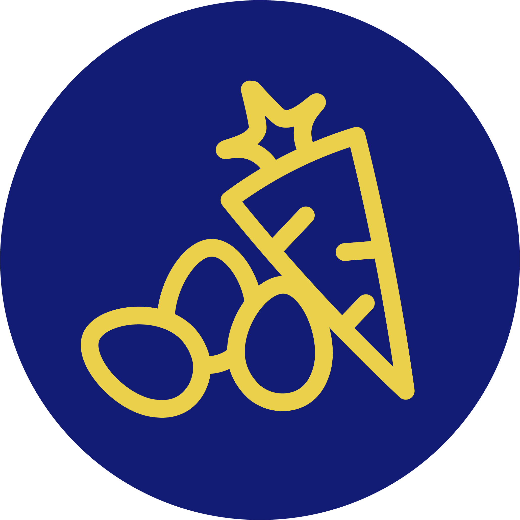 Close-up of a blue circular logo with a yellow crown and arrow symbol.