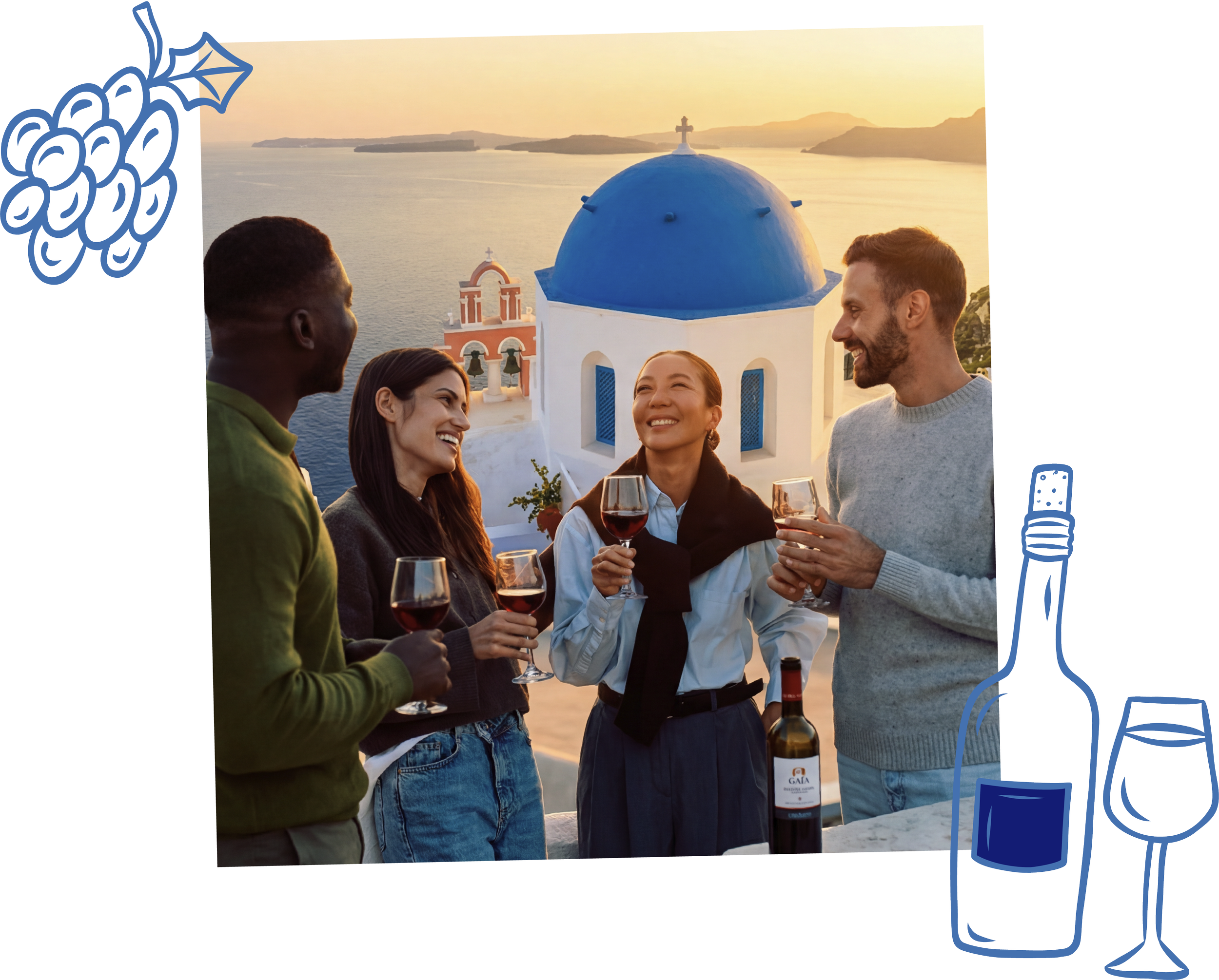 Four friends enjoying wine together on a terrace with a view of the ocean and traditional Greek architecture, including a blue-domed church, during sunset.
