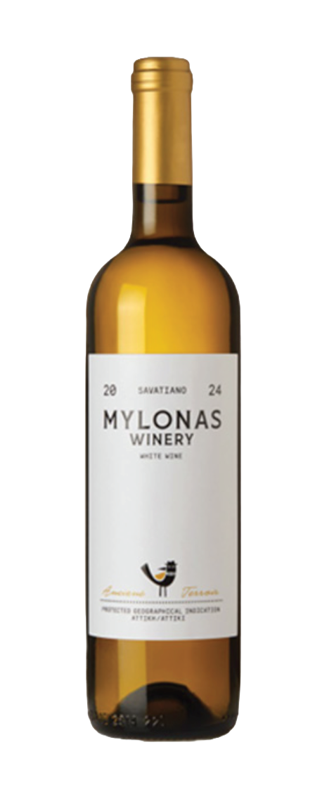 A bottle of white wine from Mylonas Winery with a white label and a gold foil cap.